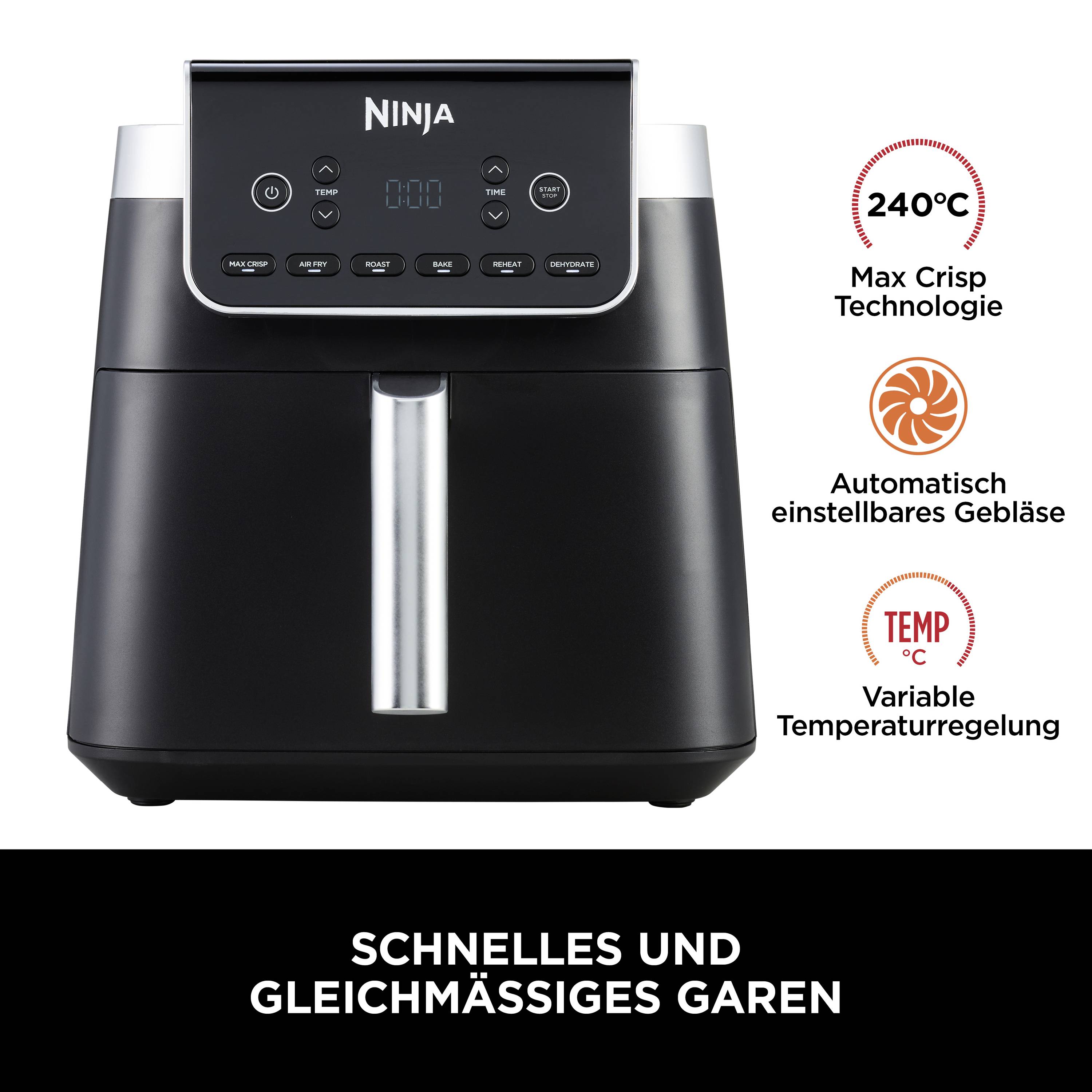 Eine schwarze Heißluftfritteuse mit digitalen Bedienelementen. Text: 'Schnelles und gleichmäßiges Garen', mit Symbolen für Technologien.