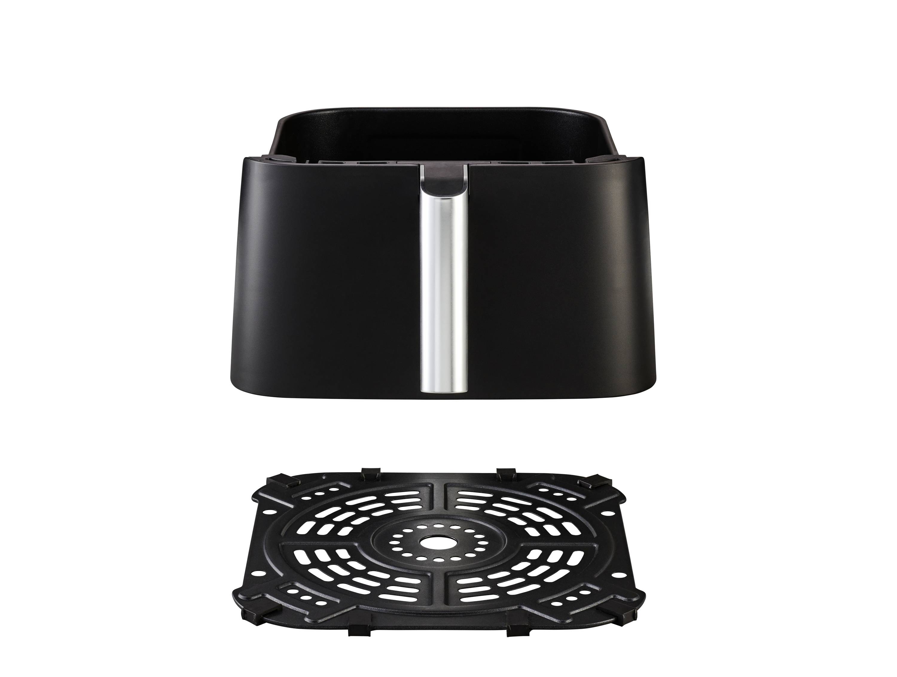 Eine schwarze Fritteusenschublade und ein herausnehmbarer Rost darunter, isoliert auf weißem Hintergrund.