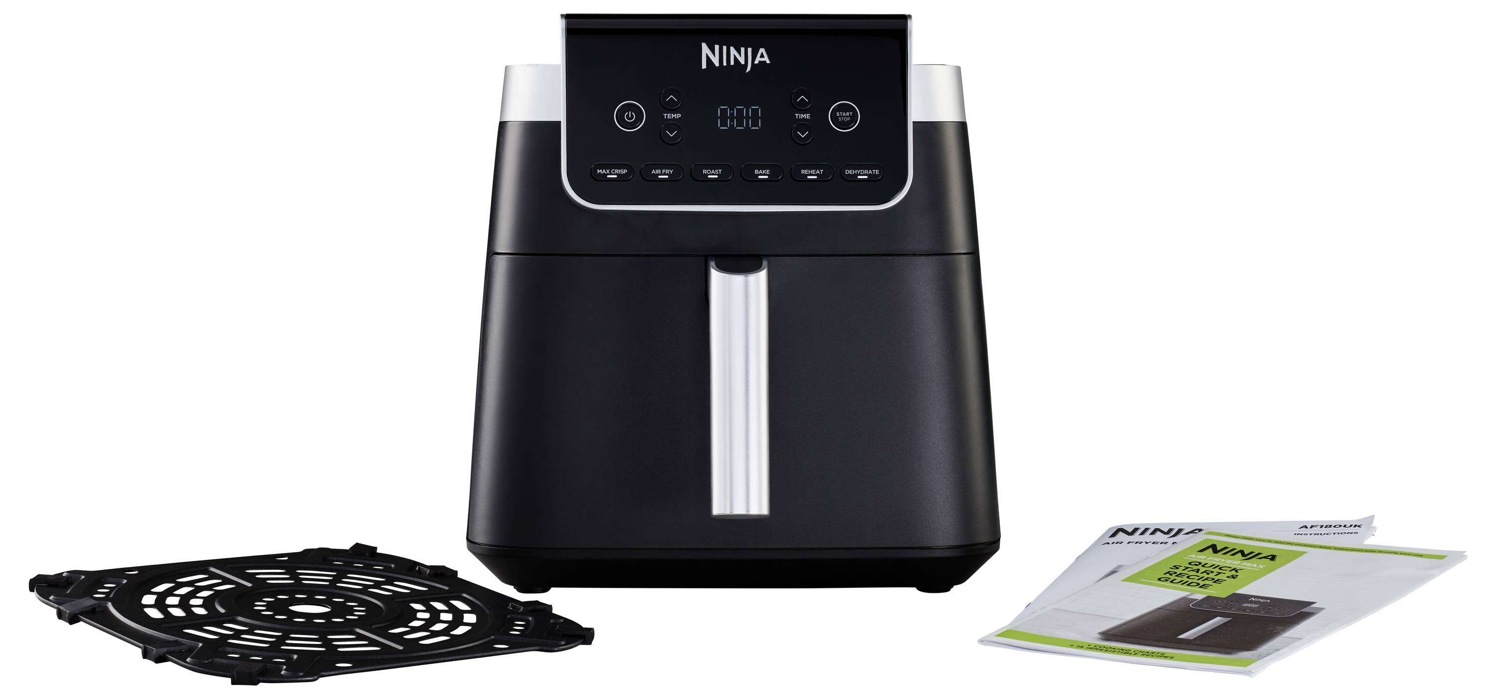 Schwarze Heißluftfritteuse vor weißem Hintergrund mit Bedienungsanleitung und Zubehörgitter. Perfekt für fettarmes Frittieren.
