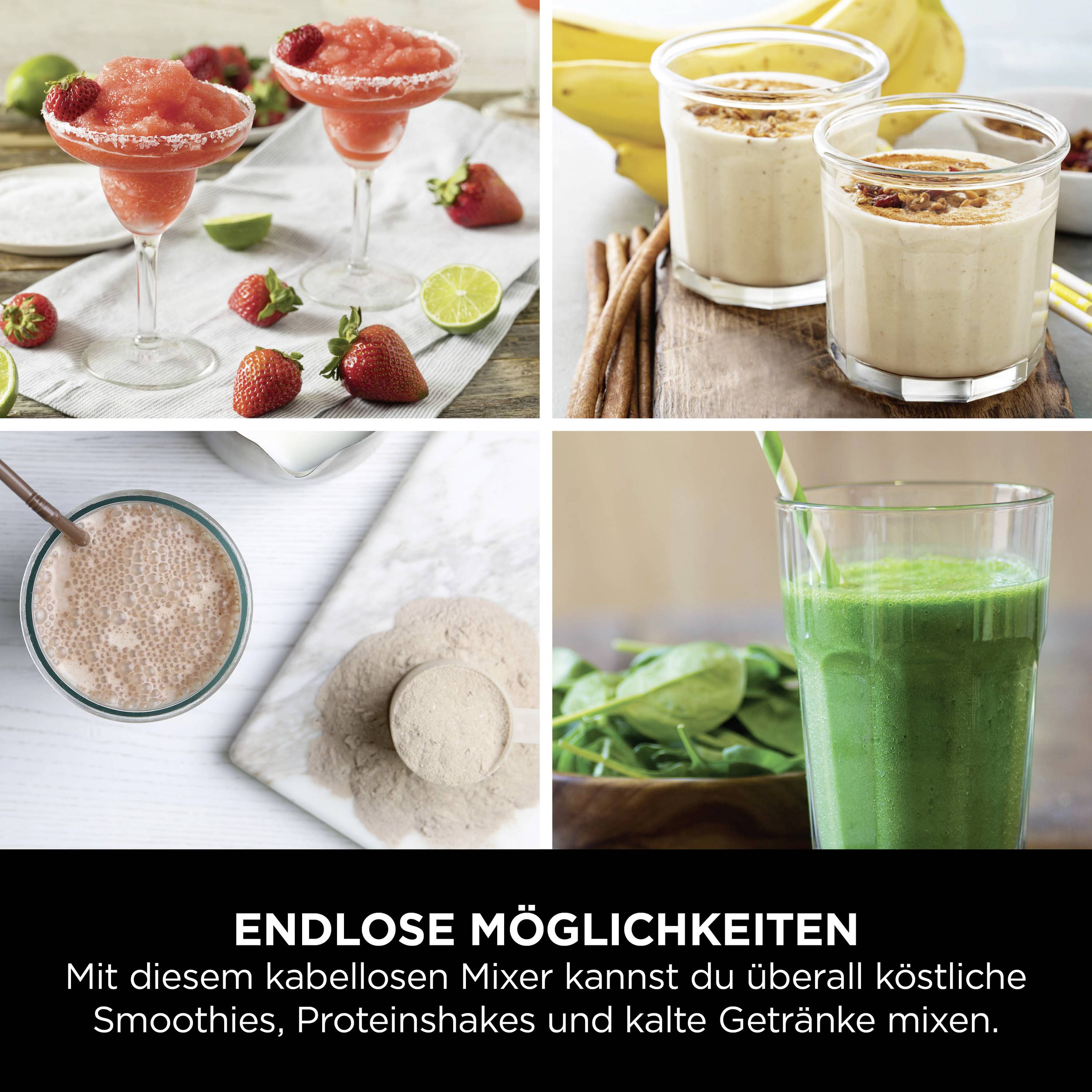 Cocktails, Smoothies und Proteindrinks in Gläsern. Text: 'Endlose Möglichkeiten. Mixe köstliche Getränke mit diesem Mixer.'