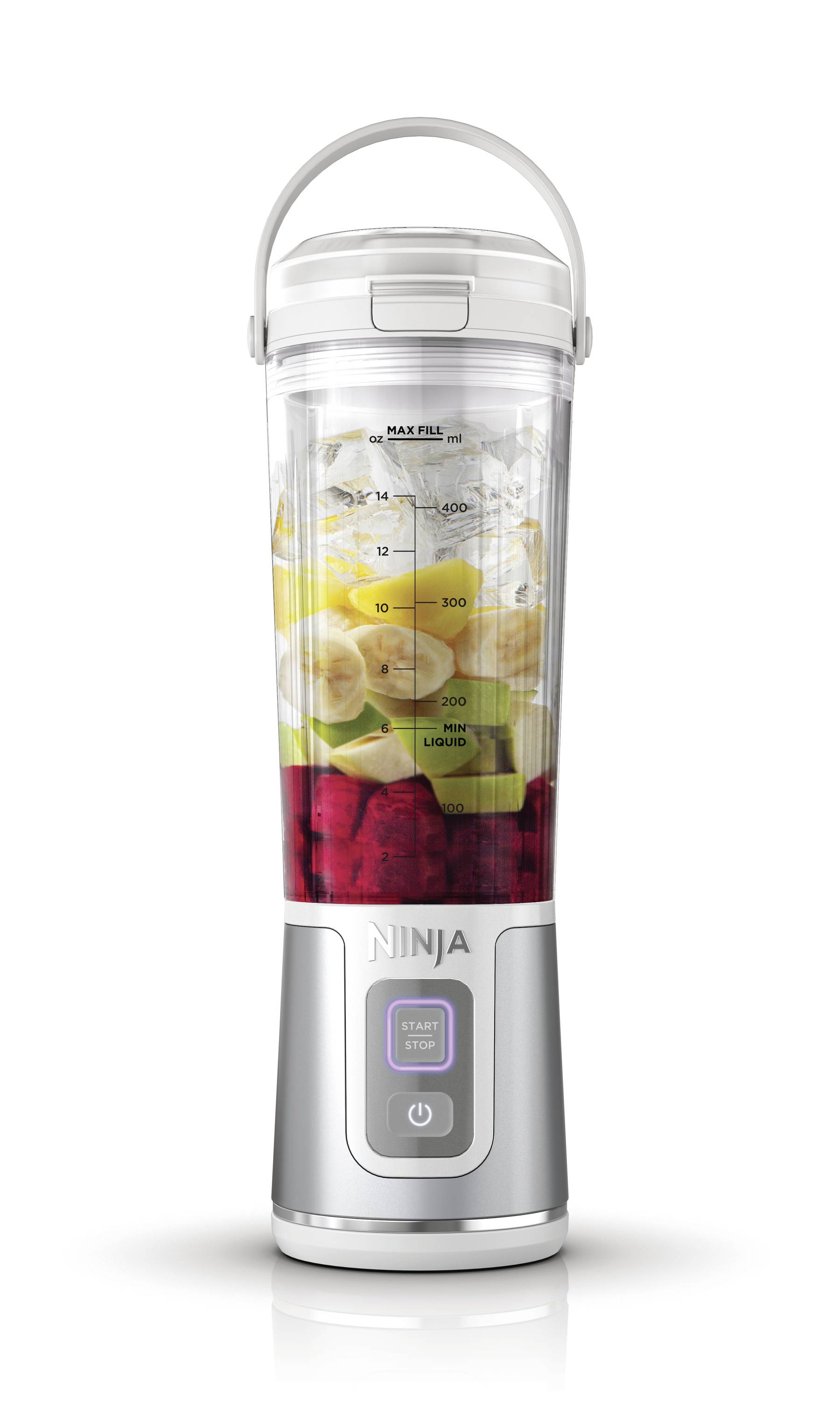 Ein silberner Standmixer mit durchsichtigem Behälter, gefüllt mit Himbeeren, Bananenscheiben, Avocado und klarer Flüssigkeit.