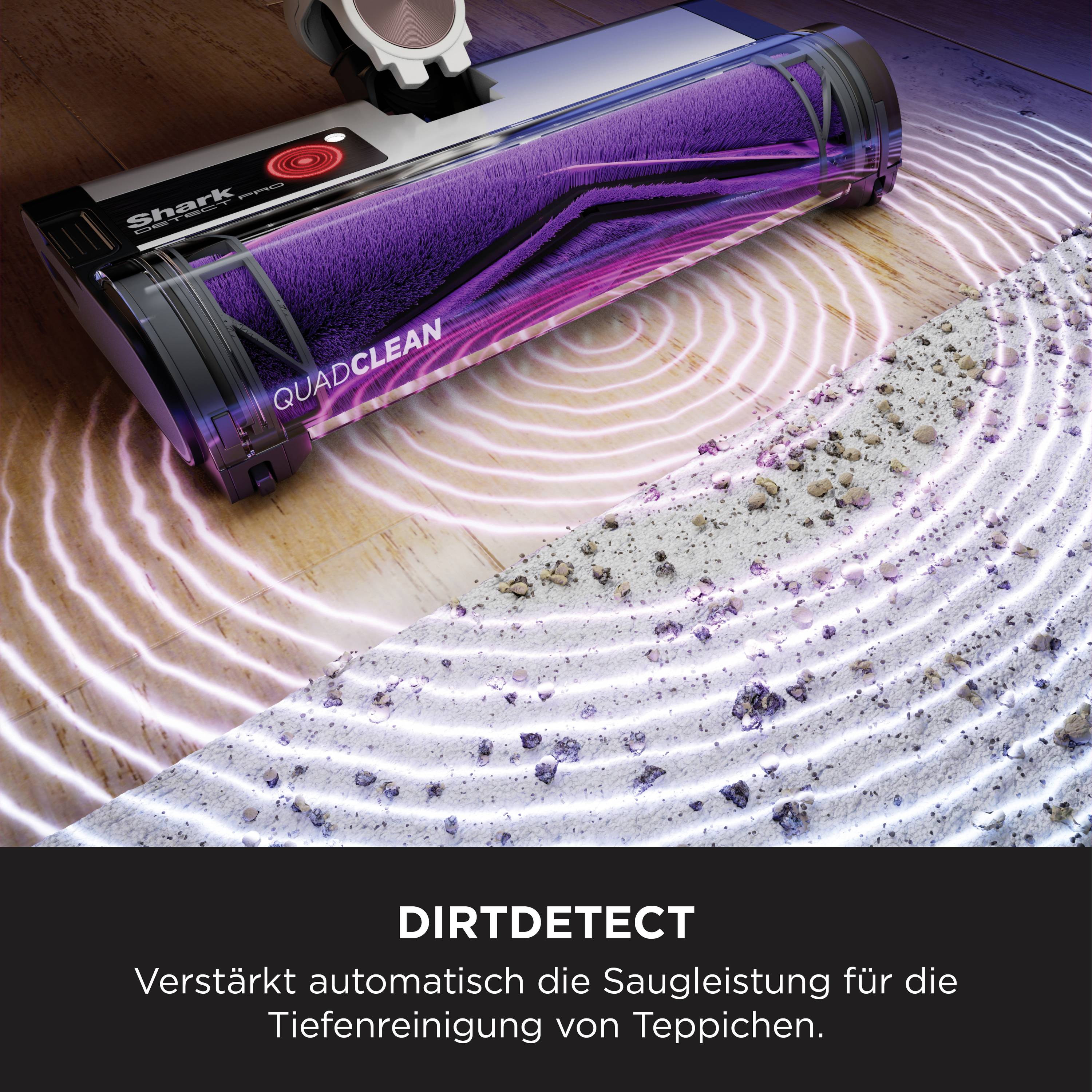 Ein Staubsaugerkopf mit der Aufschrift 'DIRTDETECT' saugt Schmutz auf einem Holzboden auf. Es zeigt die Verbesserung der Teppichreinigung.