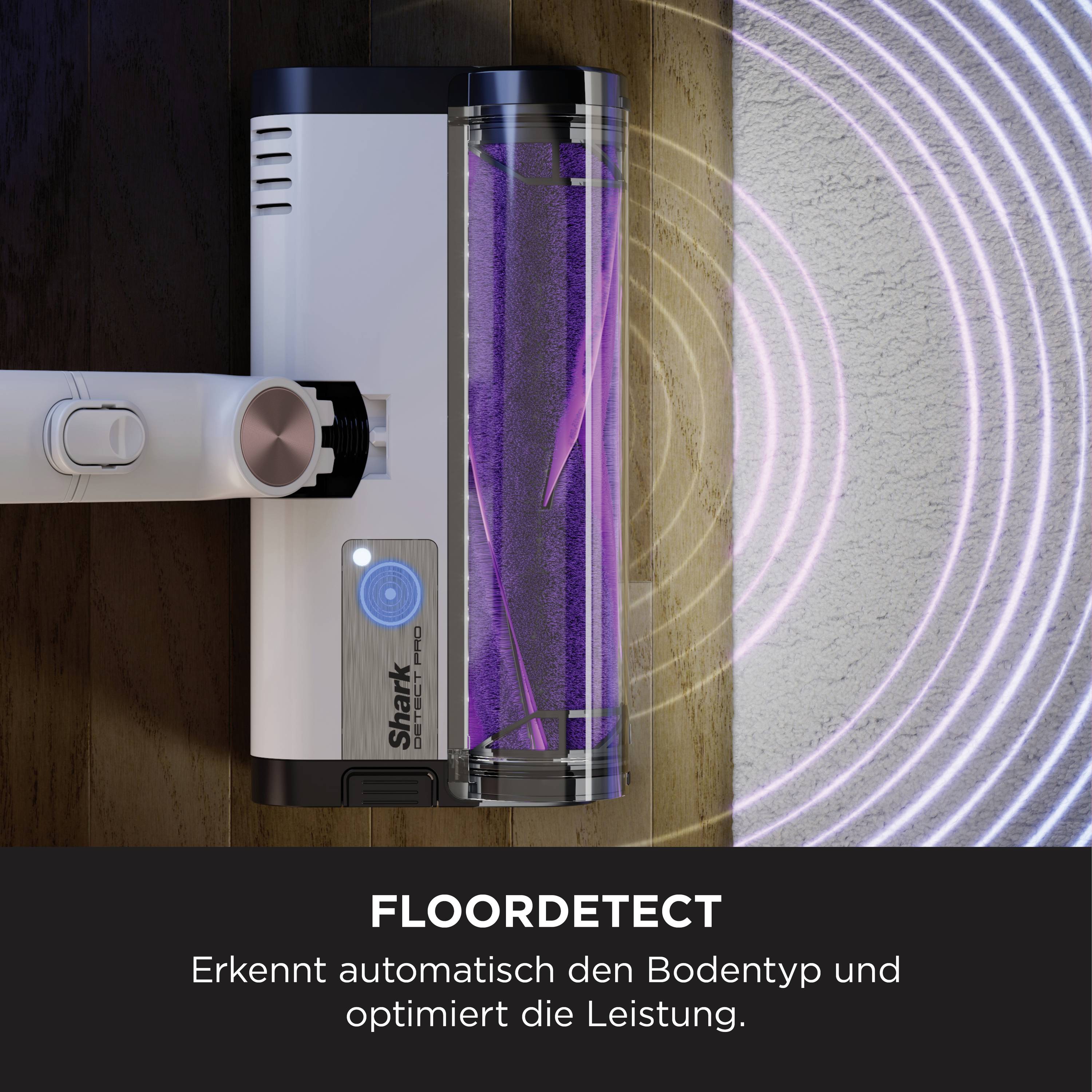 Staubsauger mit 'FLOORDETECT'-Funktion, erkennt Bodentyp und optimiert Leistung. Sichtbare Saugtechnologie, violette Lichter.