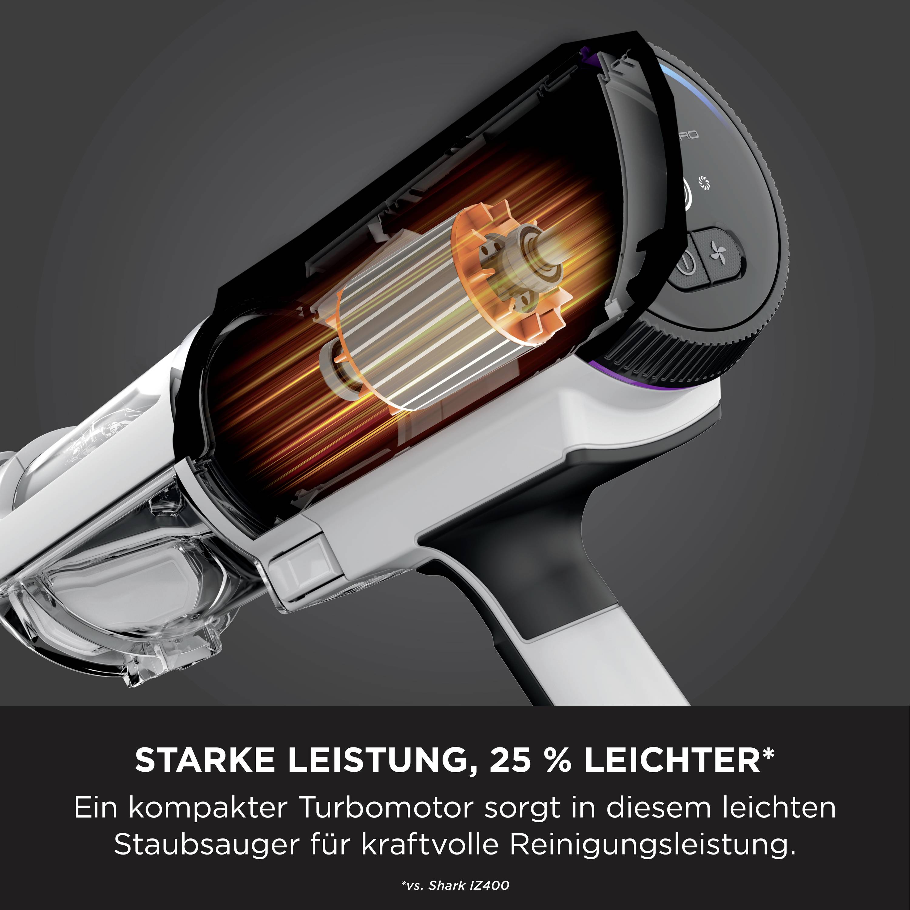 'Starke Leistung, 25 % leichter.' Ein kompakter Turbomotor verspricht kraftvolle Reinigungsleistung in einem leichten Staubsauger.