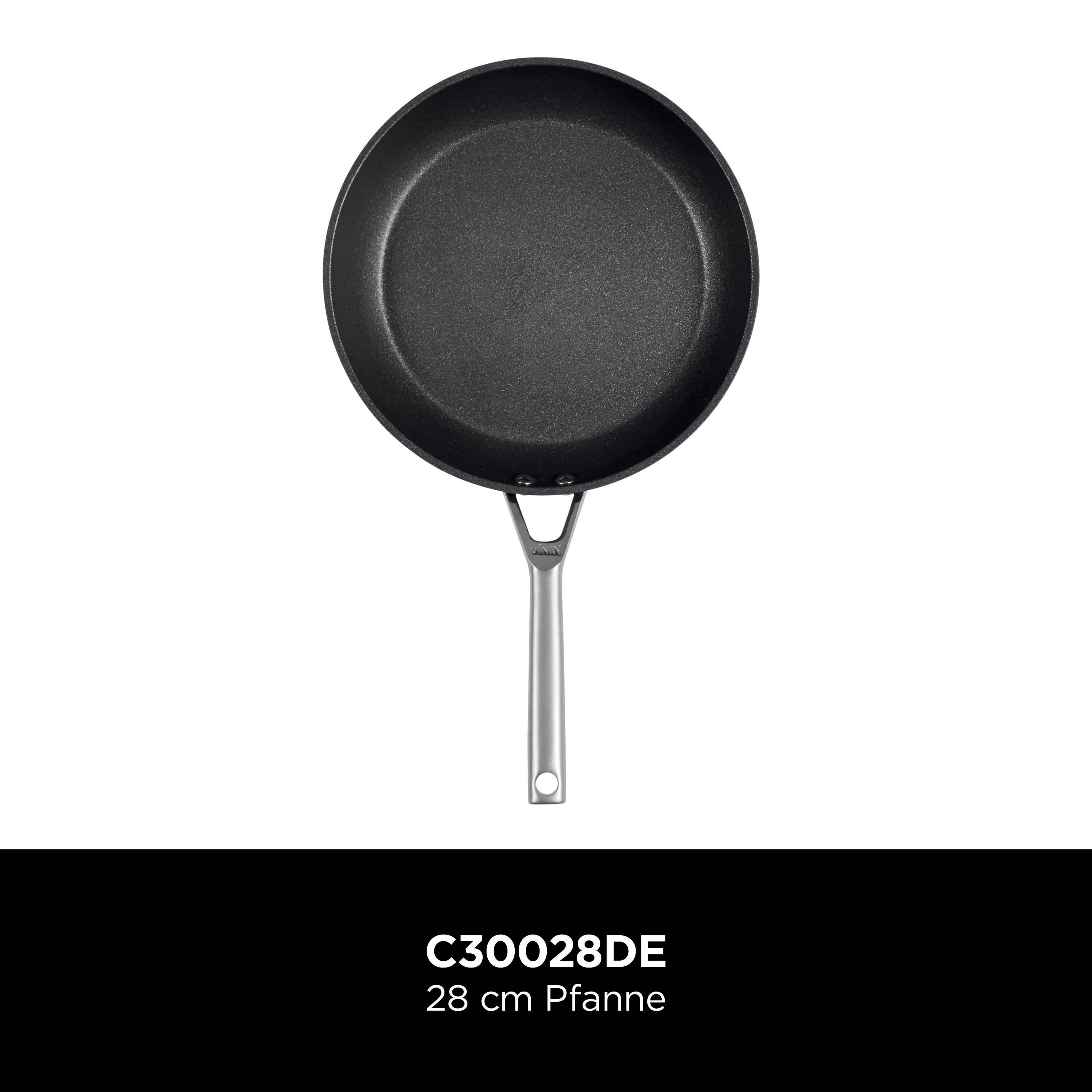 Schwarze Bratpfanne mit 28 cm Durchmesser und silbernem Griff, oben auf schwarzem Hintergrund mit der Bezeichnung 'C30028DE'.
