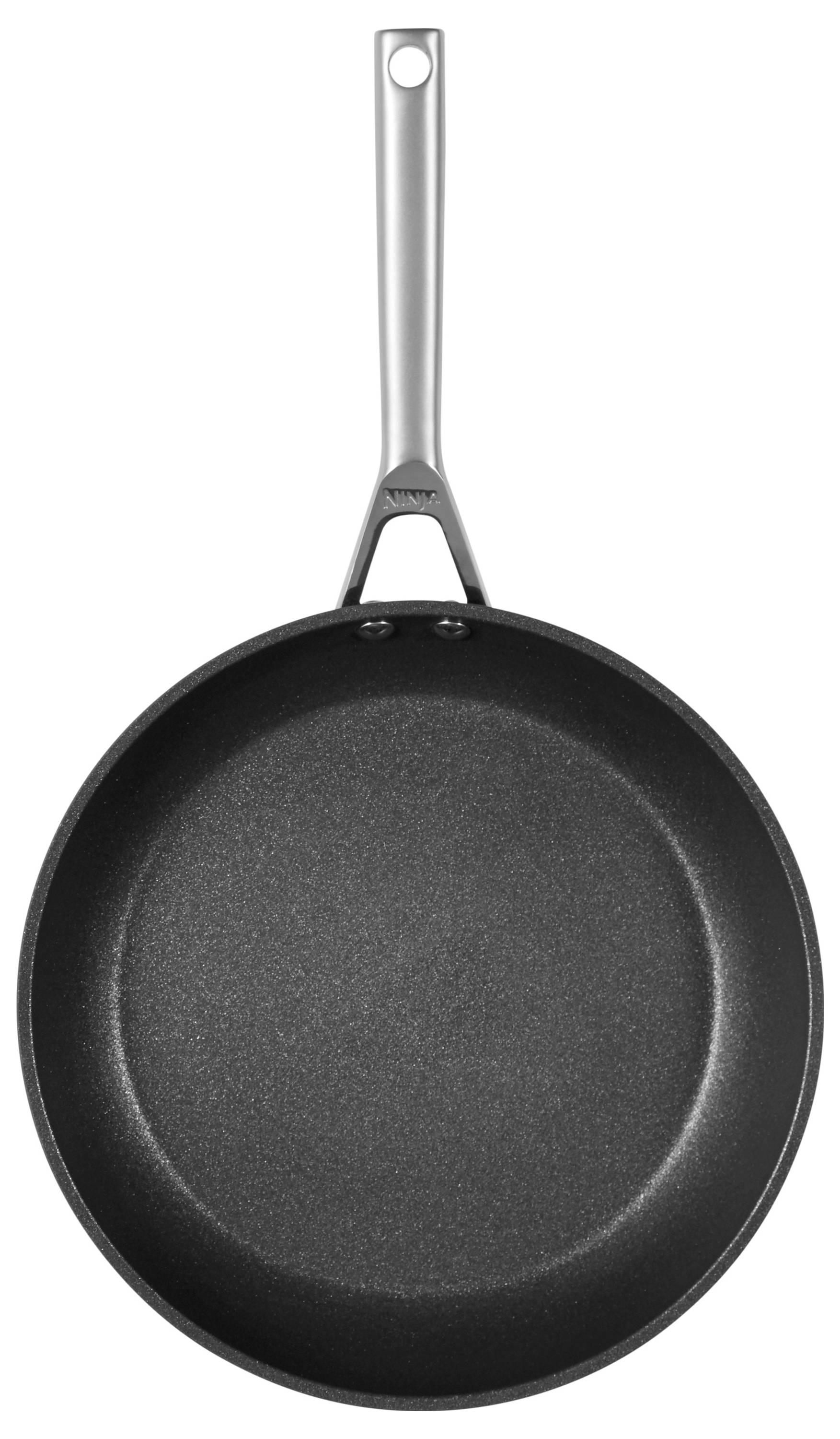 Schwarze Bratpfanne mit silbernem Griff, Draufsicht. Einfaches Küchengerät.