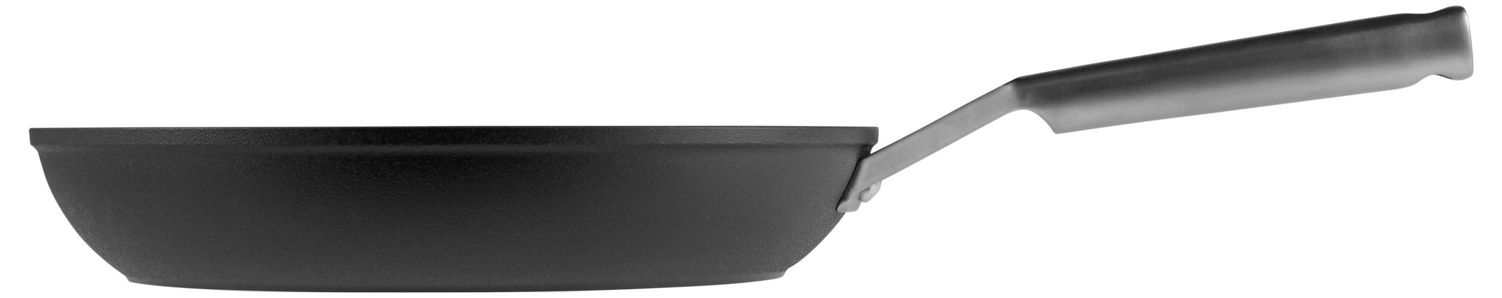 Schwarze Bratpfanne mit langem Griff in seitlicher Ansicht. Geeignet für Herd und Ofen, mit Antihaftbeschichtung für einfaches Braten.