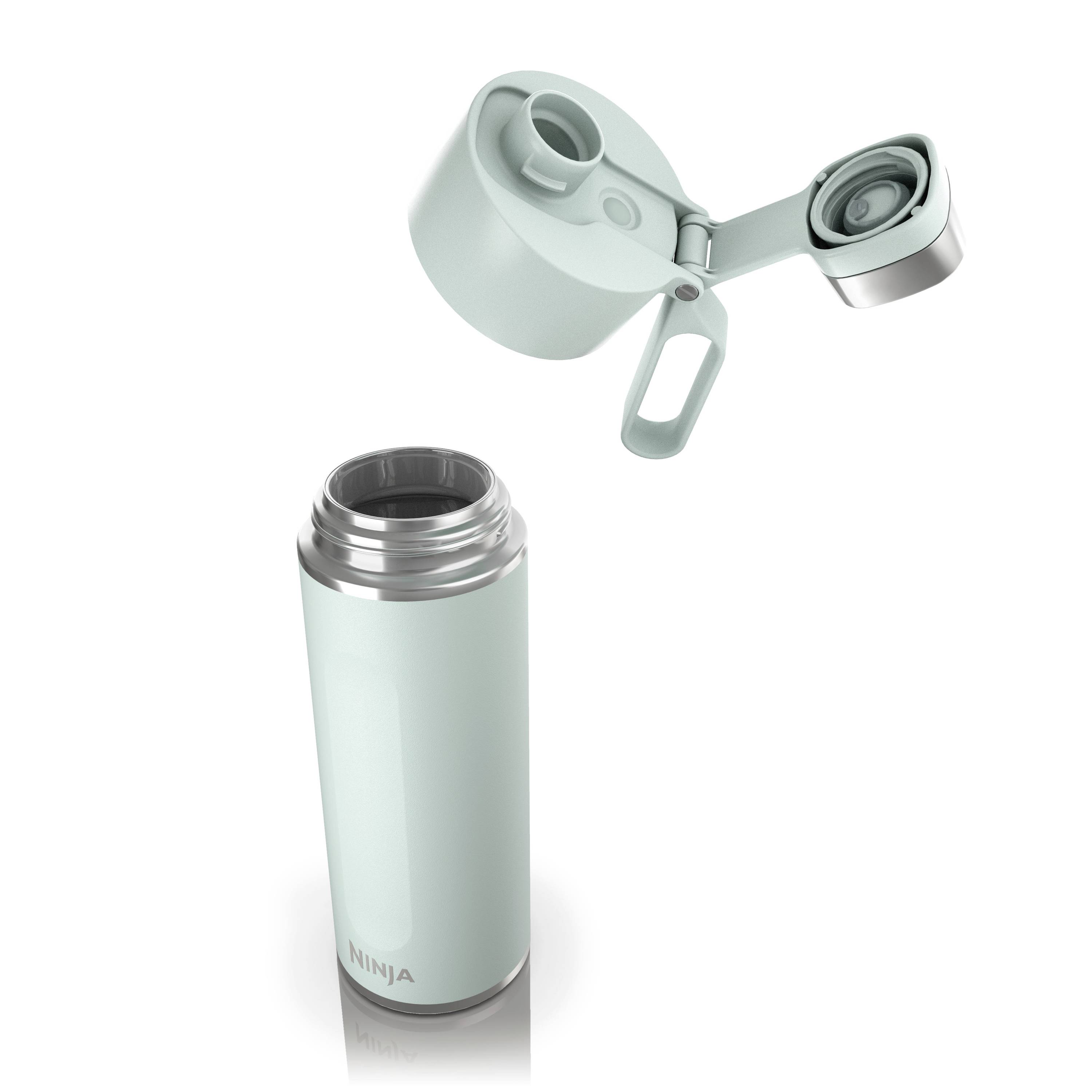 Hellblau-grüne Thermosflasche mit abnehmbarem Deckel und Ausgießer.