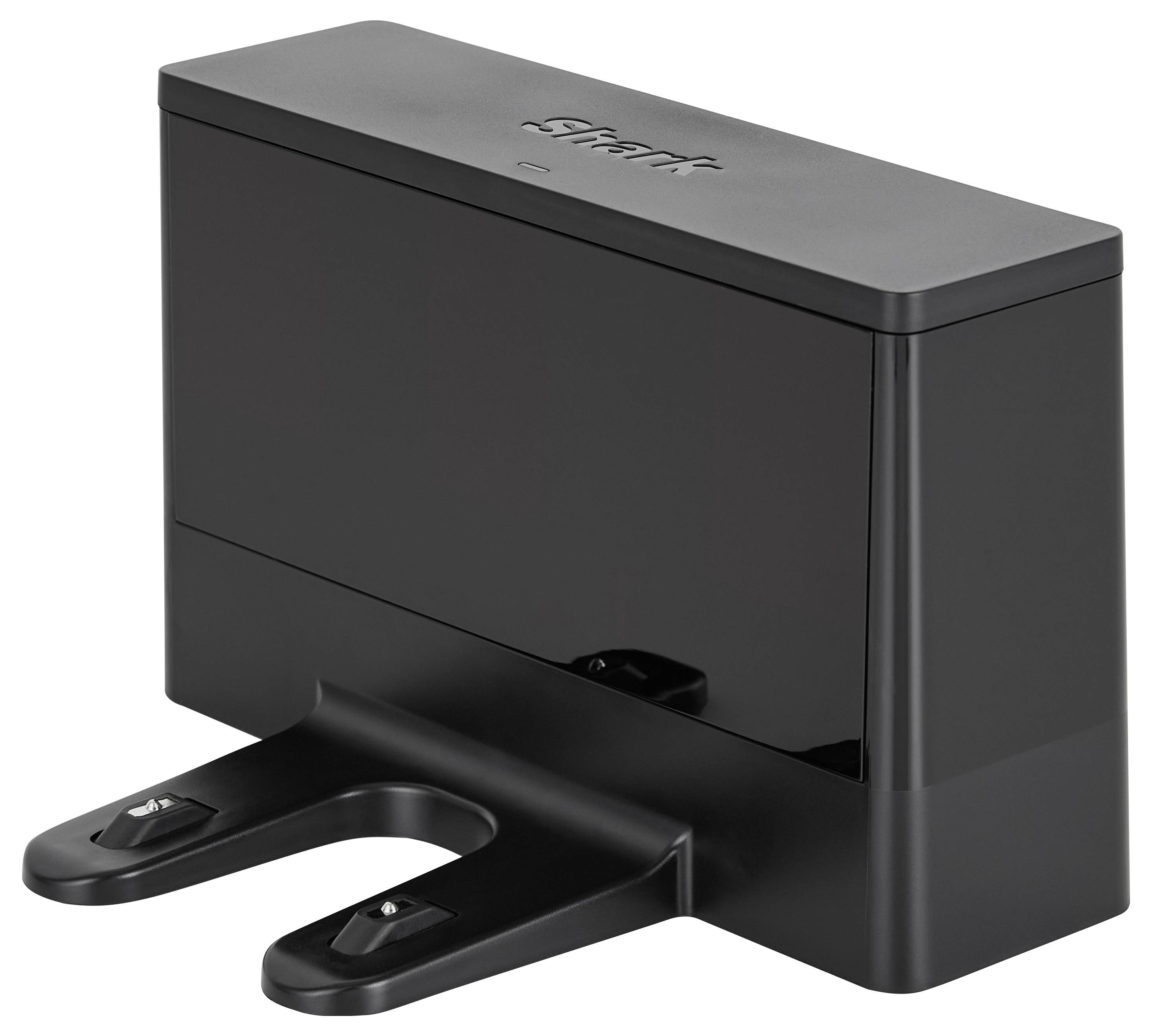 Schwarze Ladestation mit zwei Kontaktpunkten, geeignet für Staubsaugerroboter.