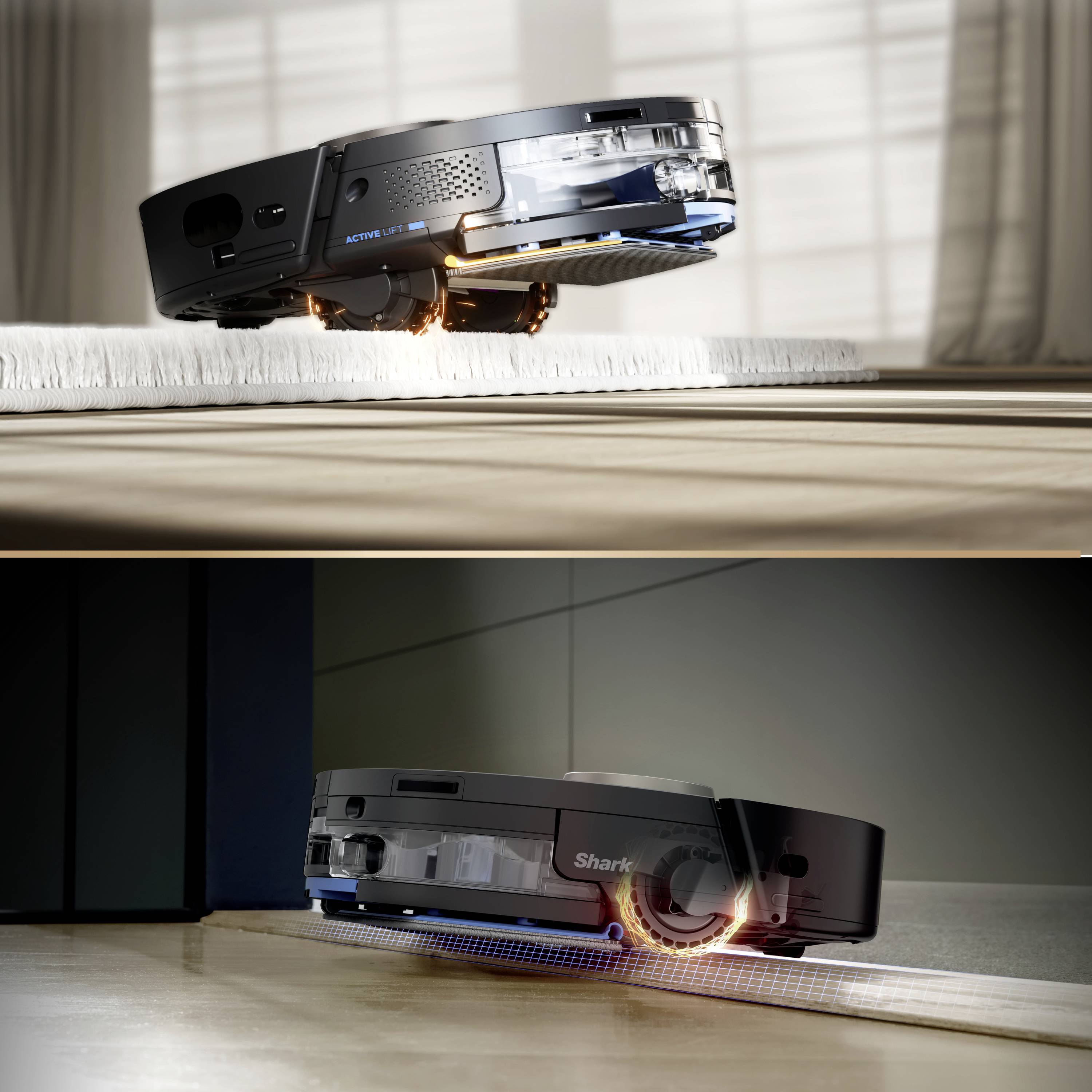 Ein Roboter hebt die Wischpads an, wenn er auf Teppich fährt oder über Türschwellen steuert.