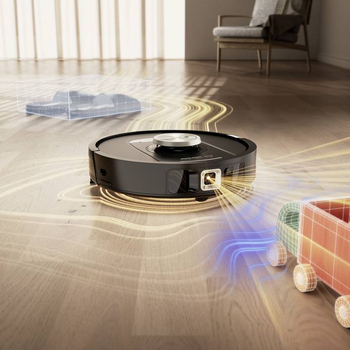 Ein Saugroboter umfährt in geschwungenen Bahnen mehrere Hindernisse. Optische und akustische Sensoren weisen den Weg.  