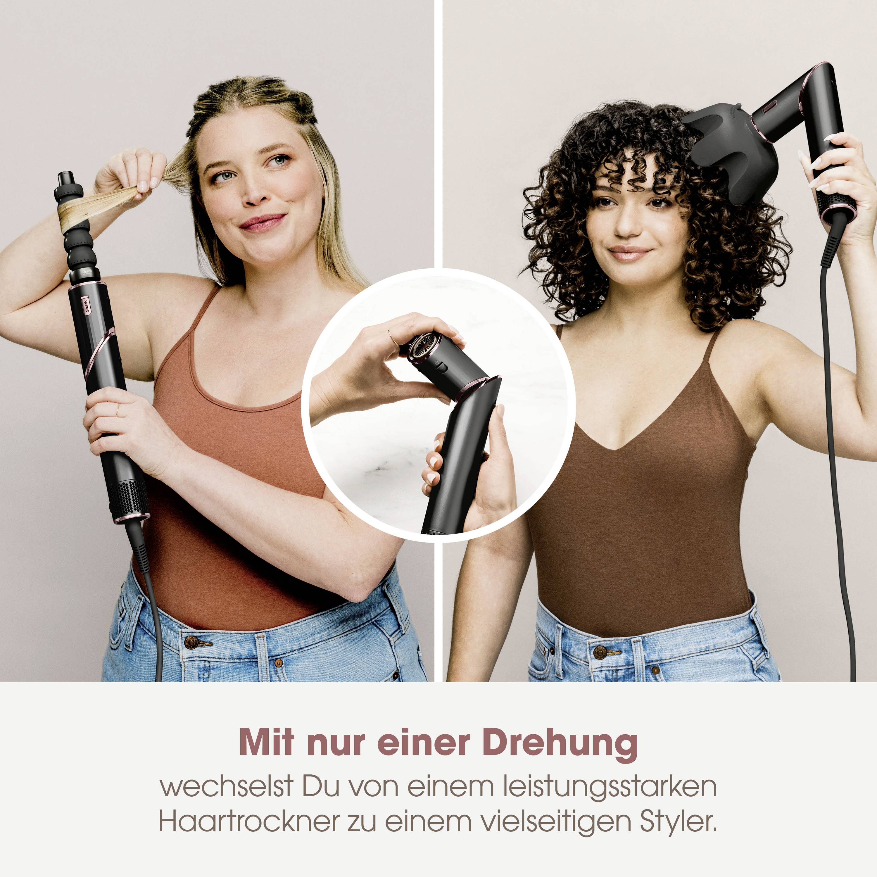 Zwei Frauen präsentieren einen vielseitigen Haarstyler: links ein gerades Stylinggerät, rechts mit einem Diffuser-Aufsatz.