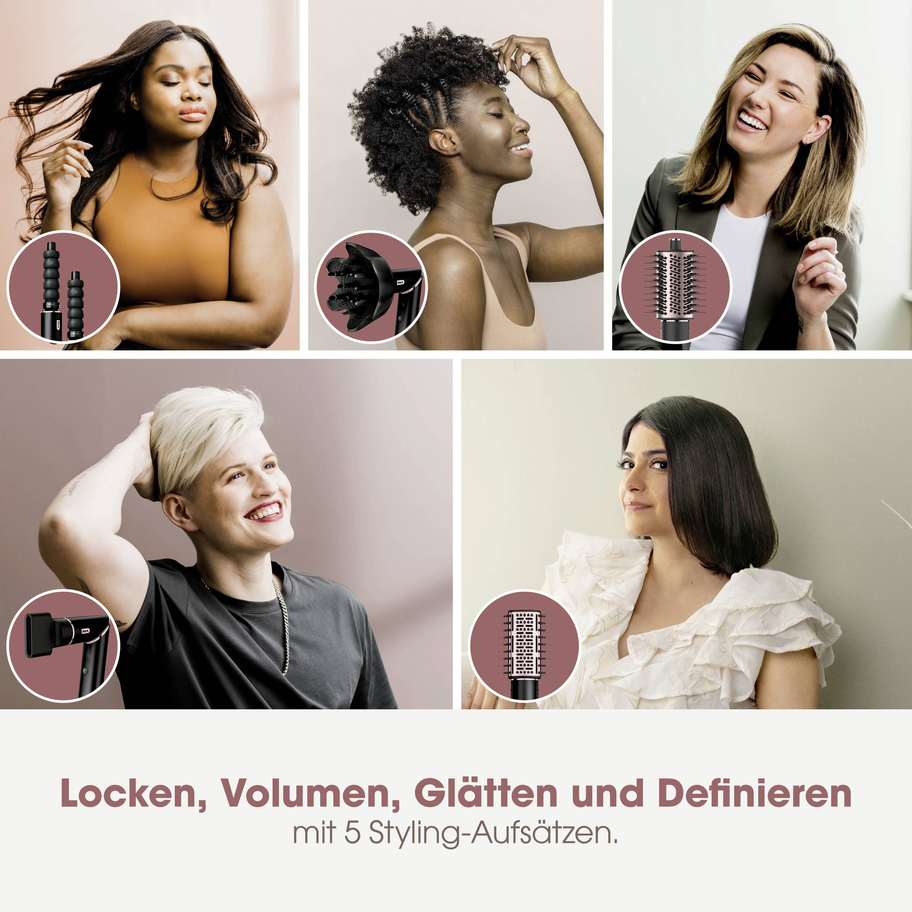 'Werbung für ein Stylinggerät mit 5 Aufsätzen: Locken, Volumen, Glätten, Definieren. Abgebildet sind verschiedene Frauen mit gestylten Haaren.'