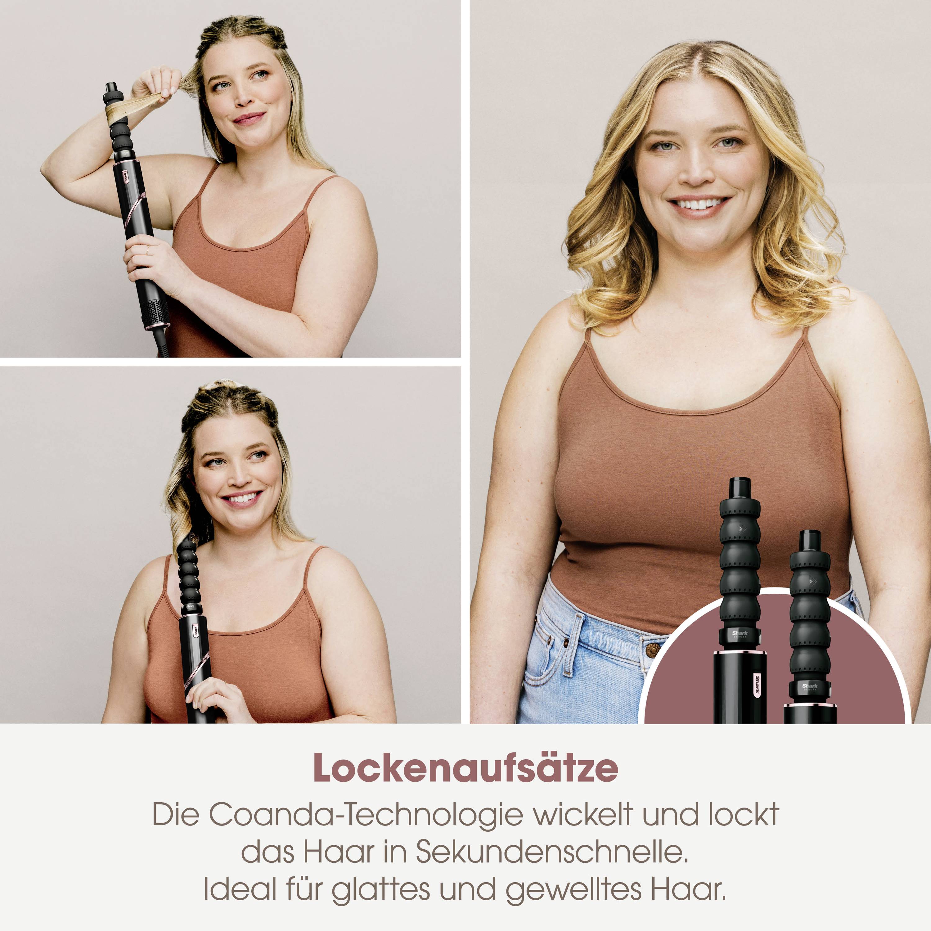 Eine Frau mit langem, blondem Haar verwendet einen Lockenstab, um ihr Haar zu stylen. Text unten beschreibt Lockenaufsätze.