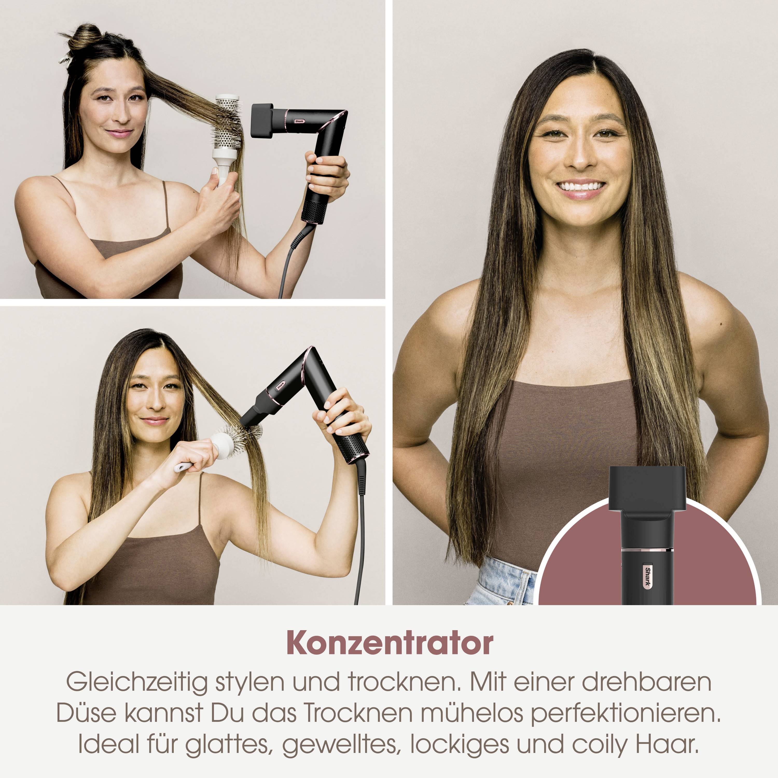 'Drei Bilder einer Frau, die einen Haartrockner benutzt. Sie stylt und trocknet ihr Haar, um glattes und glänzendes Haar zu erzielen.'