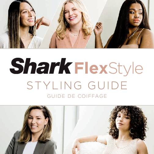 Das Bild zeigt fünf Personen, die unterschiedlich frisiert sind, mit dem Text 'Shark FlexStyle Styling Guide' in der Mitte.