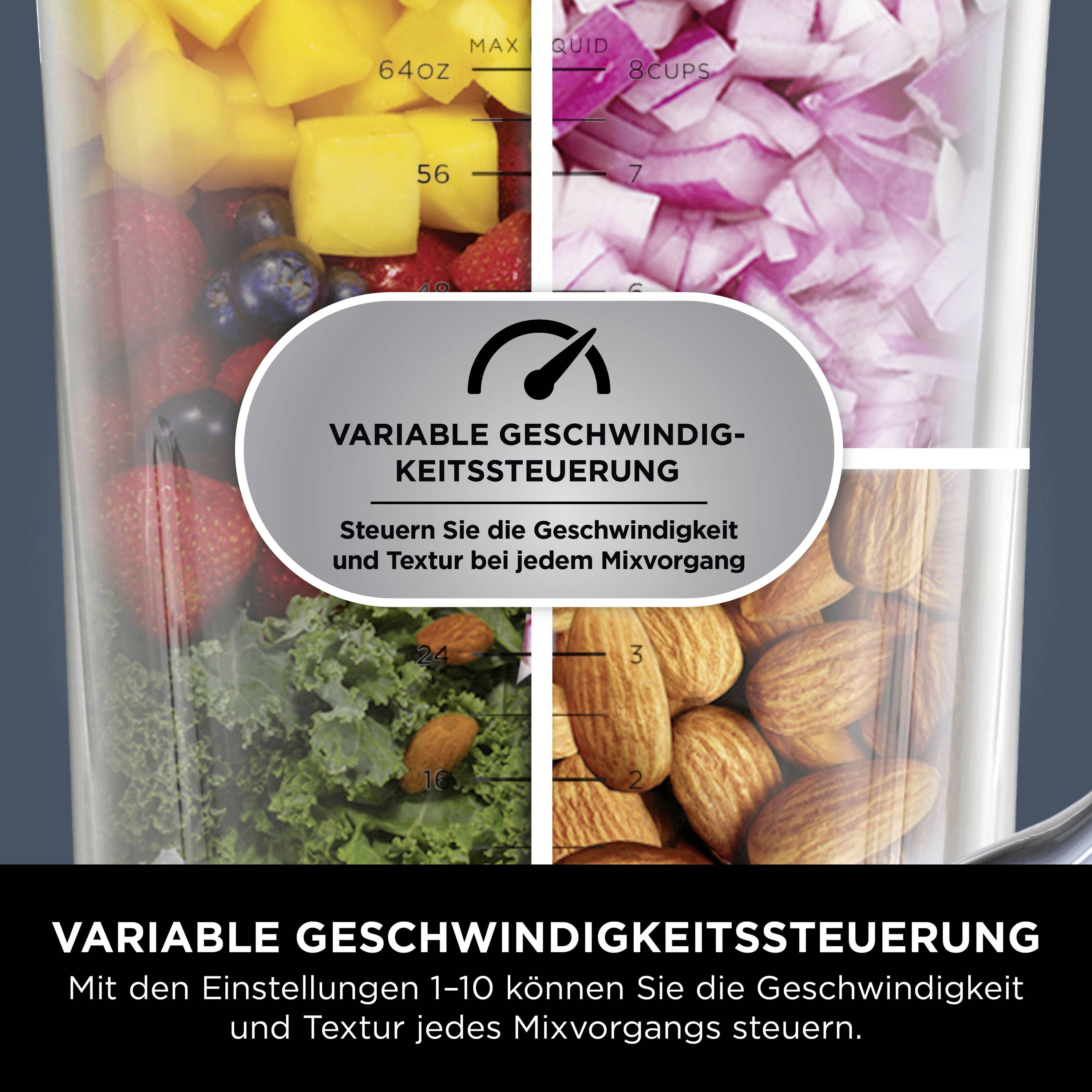 Mixbehälter mit verschiedenen Zutaten: Grünkohl, Paprika, Zwiebel, Erdbeeren, Mandeln; Text: 'Variable Geschwindigkeitssteuerung' mit Hinweis auf Mixen.