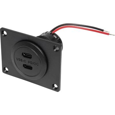 Schwarze USB-C-Schnittstelle mit zwei Ports, beschriftet 'USB-C PD/QC', mit roten und schwarzen Kabeln für Stromverbindung.