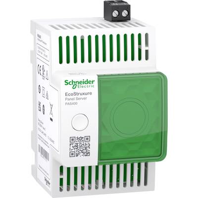 Ein EcoStruxure Panel Server von Schneider Electric, Modell PAS400, mit grünem Gehäuse und QR-Code auf der Vorderseite.
