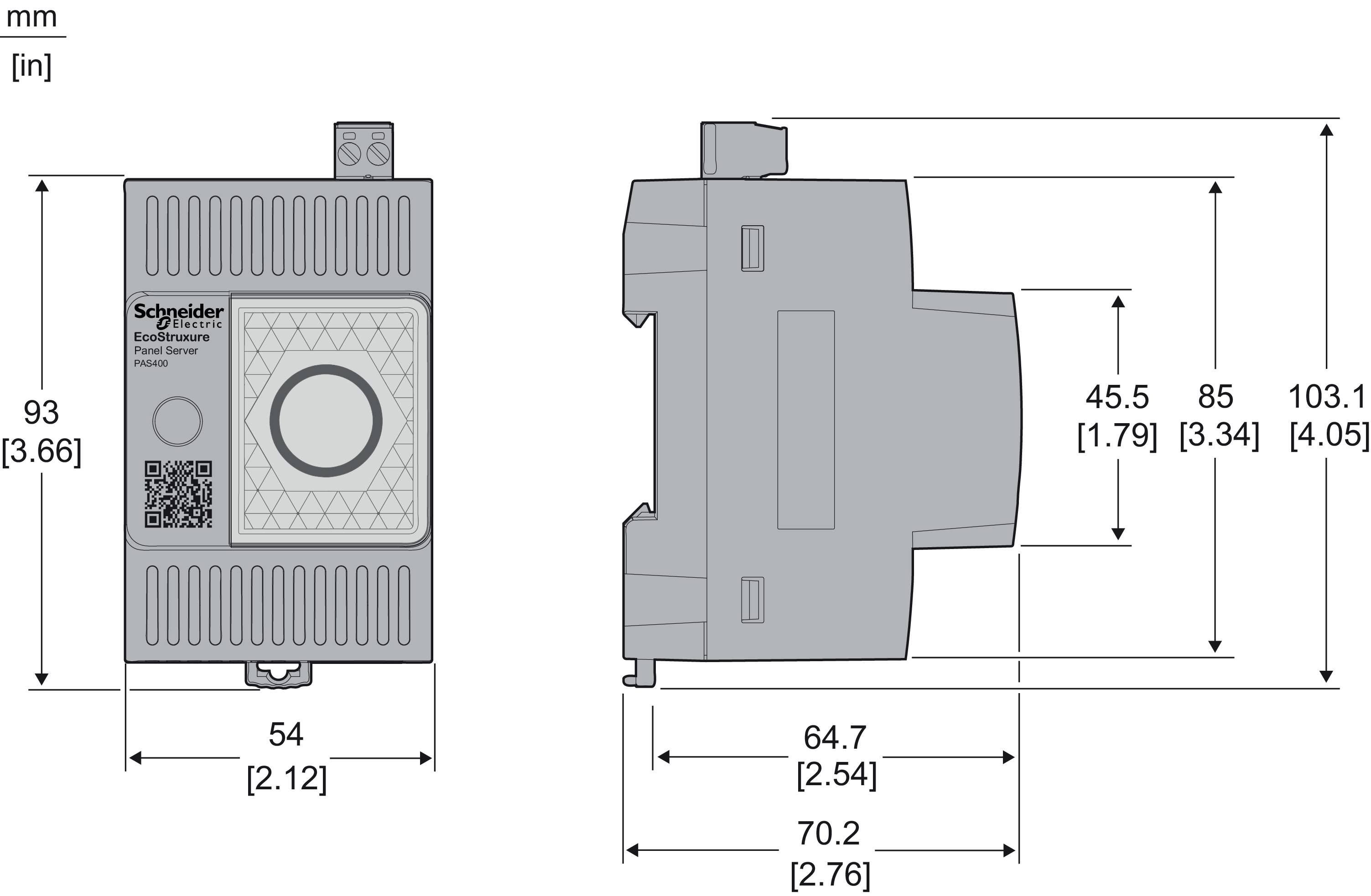 Diagramm einer technischen Komponente mit Abmessungen in mm und Zoll. Links eine Box mit QR-Code und Knöpfen, rechts ein rundlicher Abschnitt.
