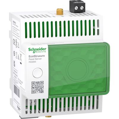 Ein EcoStruxure Panel Server von Schneider Electric mit grünem Frontpanel und Lüftungsschlitzen, Modell PAS800.