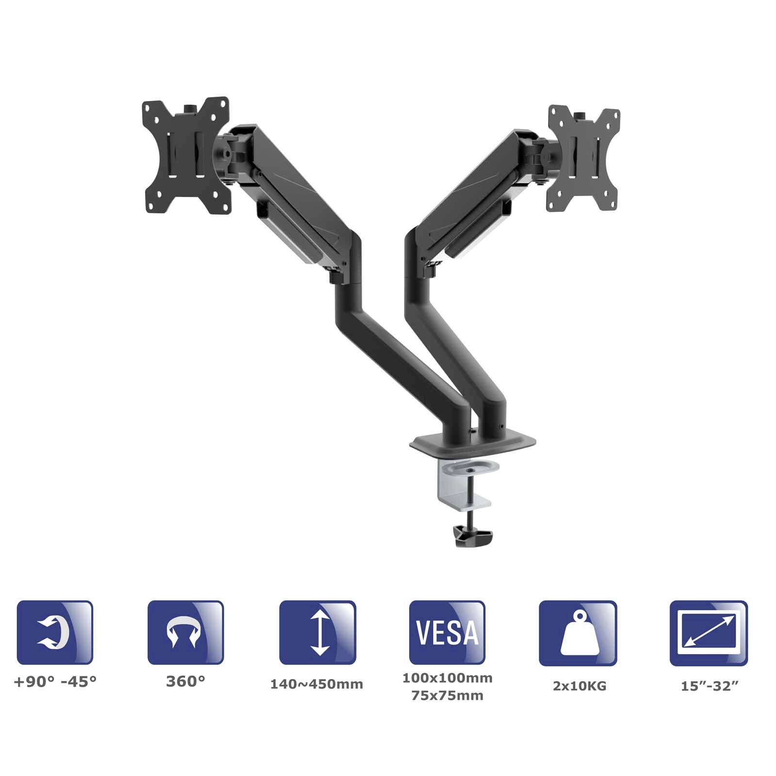Monitorhalterung mit zwei Armen, 360° schwenkbar, für Bildschirme mit 15" bis 32". VESA-kompatibel, je Arm max. 10 kg.