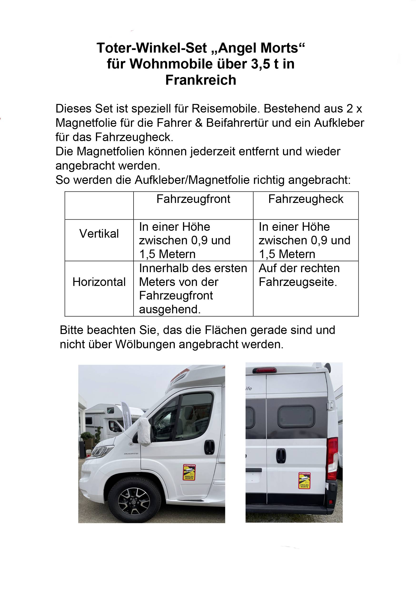 'Toter-Winkel-Set "Angel Morts" für Wohnmobile in Frankreich. Beschreibung der Anbringung von Magnetfolien an Fahrzeugen.'