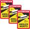 Drei Schilder mit der Aufschrift 'Attention Angles Morts' zeigen einen Bus und warnen vor toten Winkeln.