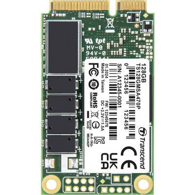 Transcend 128 GB M.2 SSD mit schwarzen Speicherchips und Anschlusspins, die Konformitätskennzeichnungen und Seriennummern zeigt, auf einer grünen Leiterplatte.