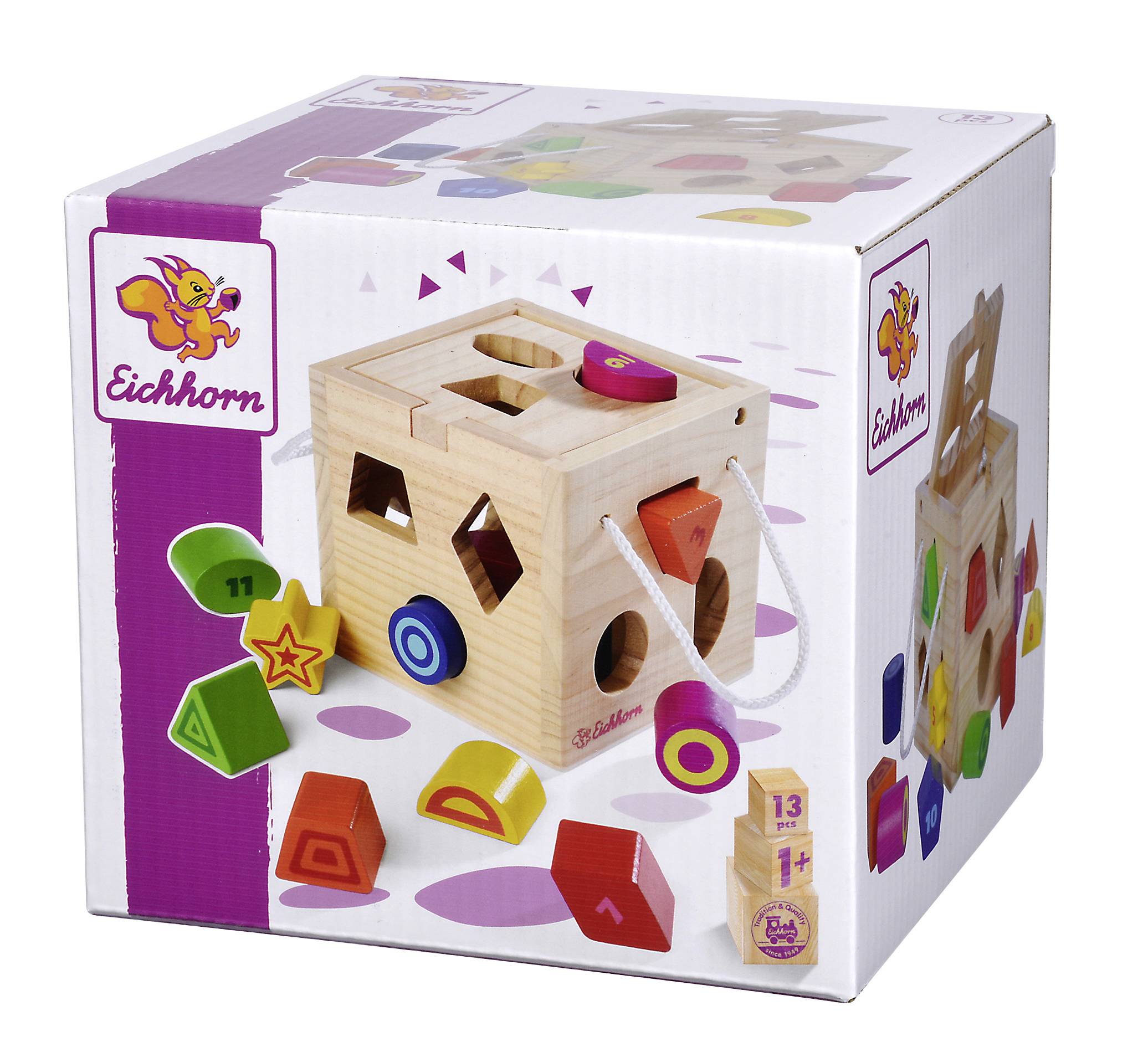 Eine Eichhorn-Holzspielbox mit bunten Formen zum Sortieren. Verschiedene geometrische Formen passen in die entsprechenden Öffnungen.