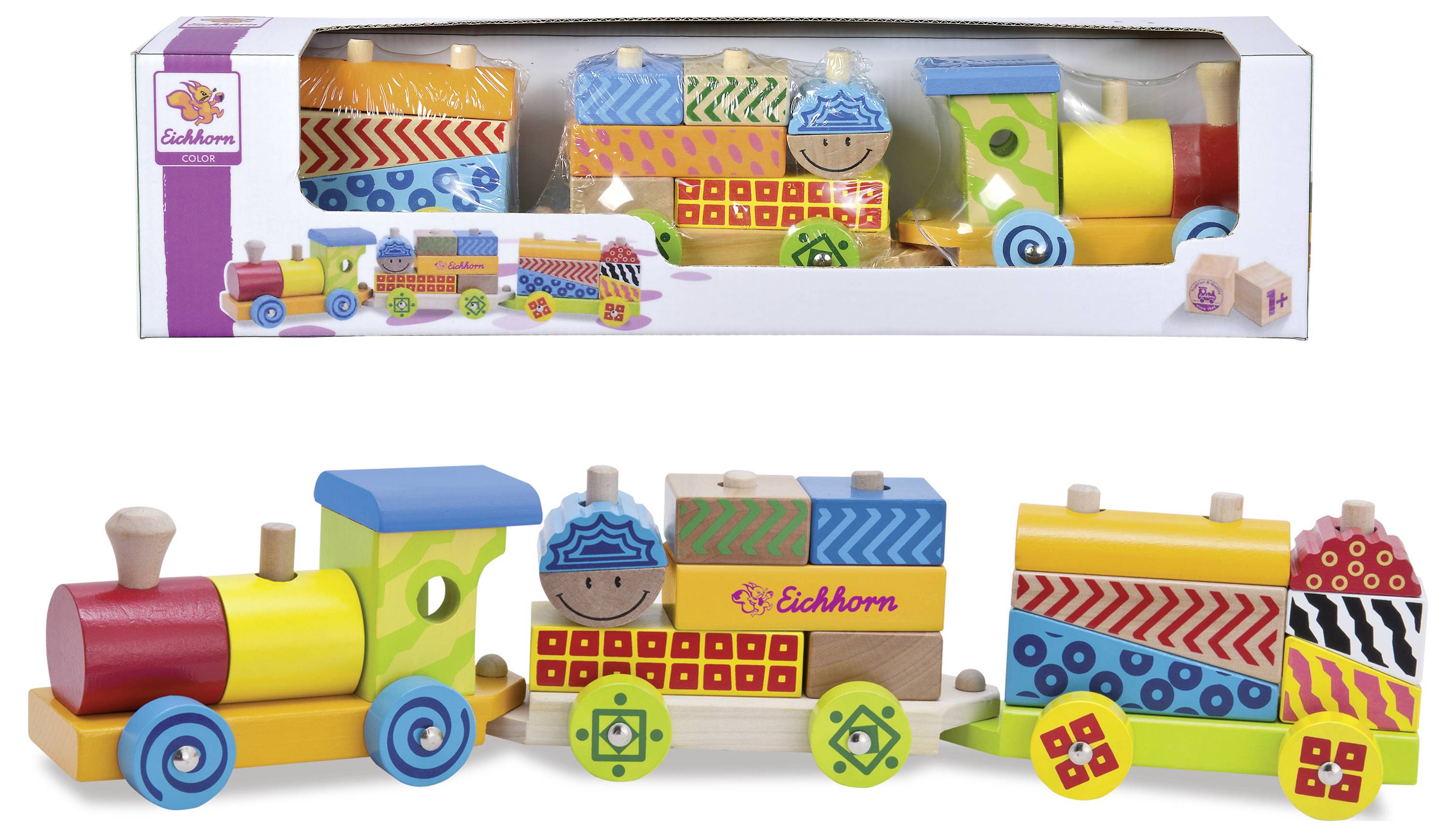 Holzeisenbahn-Spielzeug mit bunter Lokomotive und zwei Waggons. Verpackung zeigt das zusammengebaute Set. Geeignet für Kinder.