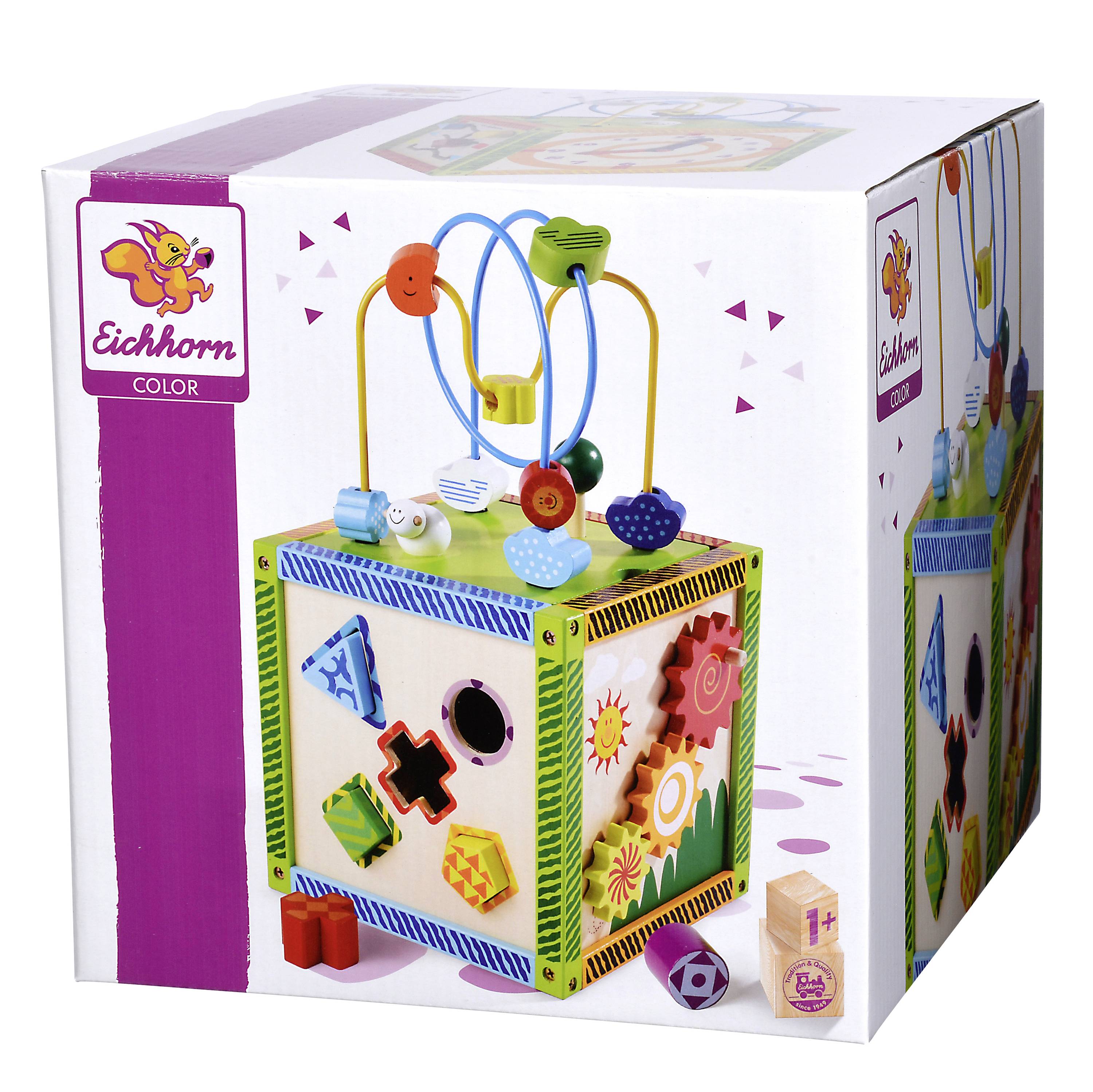 Ein bunter, multifunktionaler Spielwürfel für Kinder mit verschiedenen Formen und Steckspielen, auf der Verpackung abgebildet.