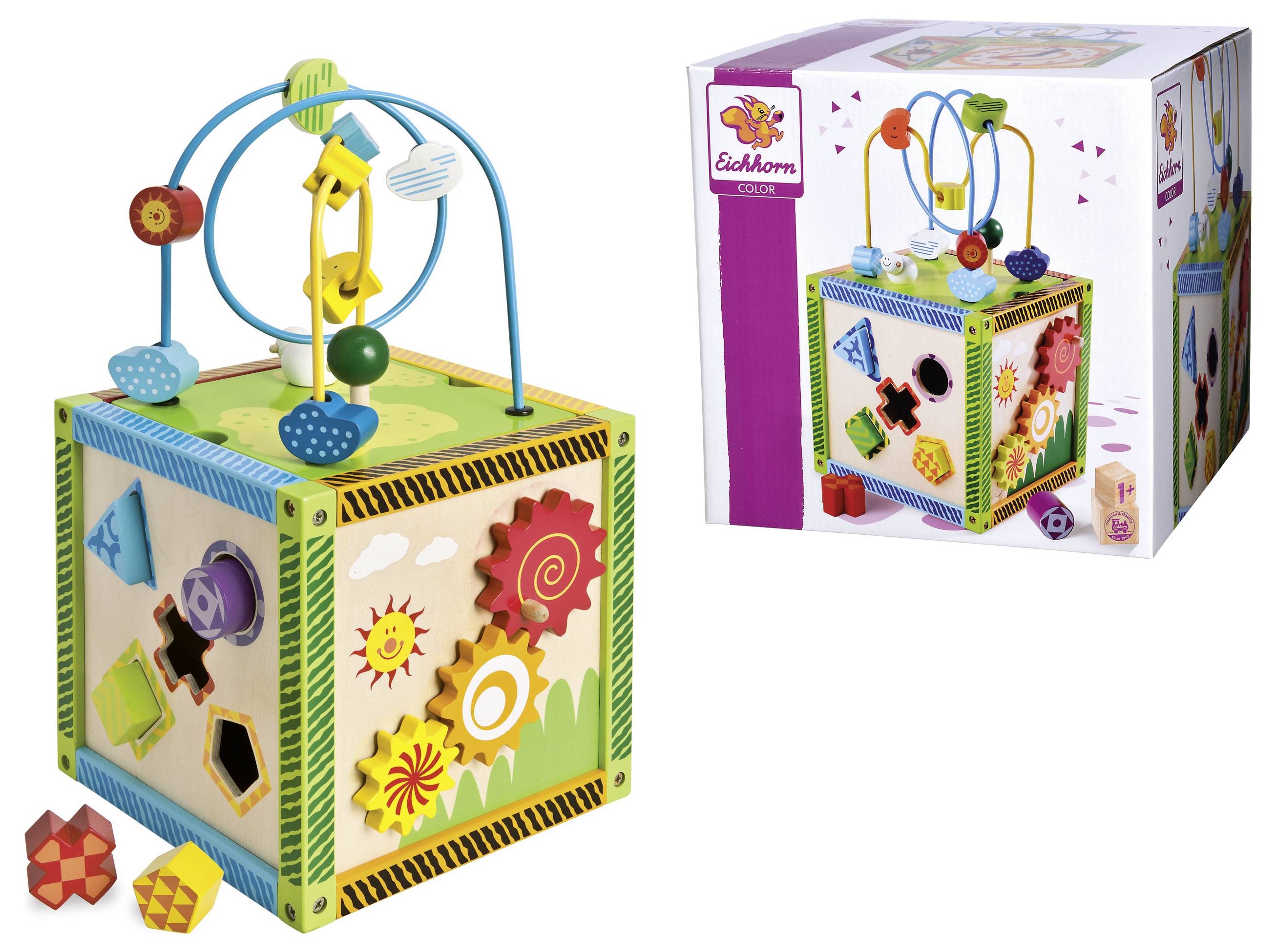 Ein hölzerner Aktivitätswürfel mit Zahnrad, Formenlehre und Motorikschleife. Fördert spielerisch die Feinmotorik von Kindern. Enthält Formen, Farben und Zahnräder auf einem farbenfrohen Würfel.