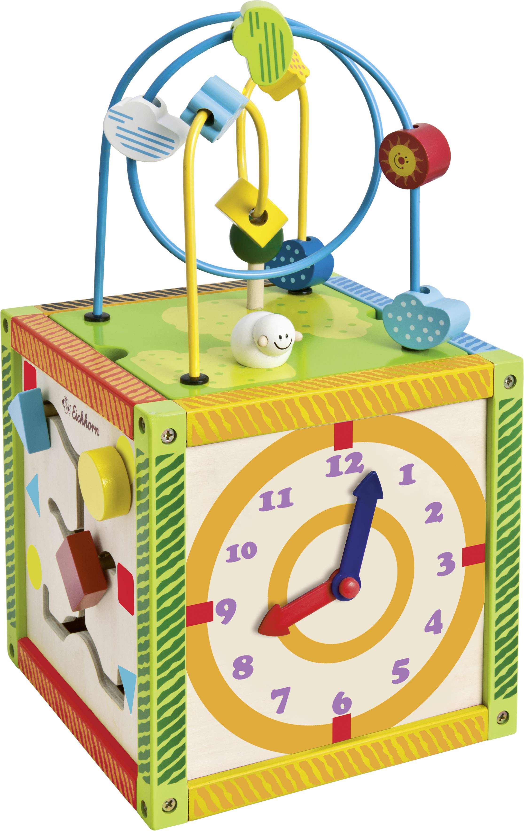 Ein buntes, würfelförmiges Spielzeug für Kinder mit Motorikschleife und Lernuhr. Fördert motorische Fähigkeiten und Zeitverständnis.