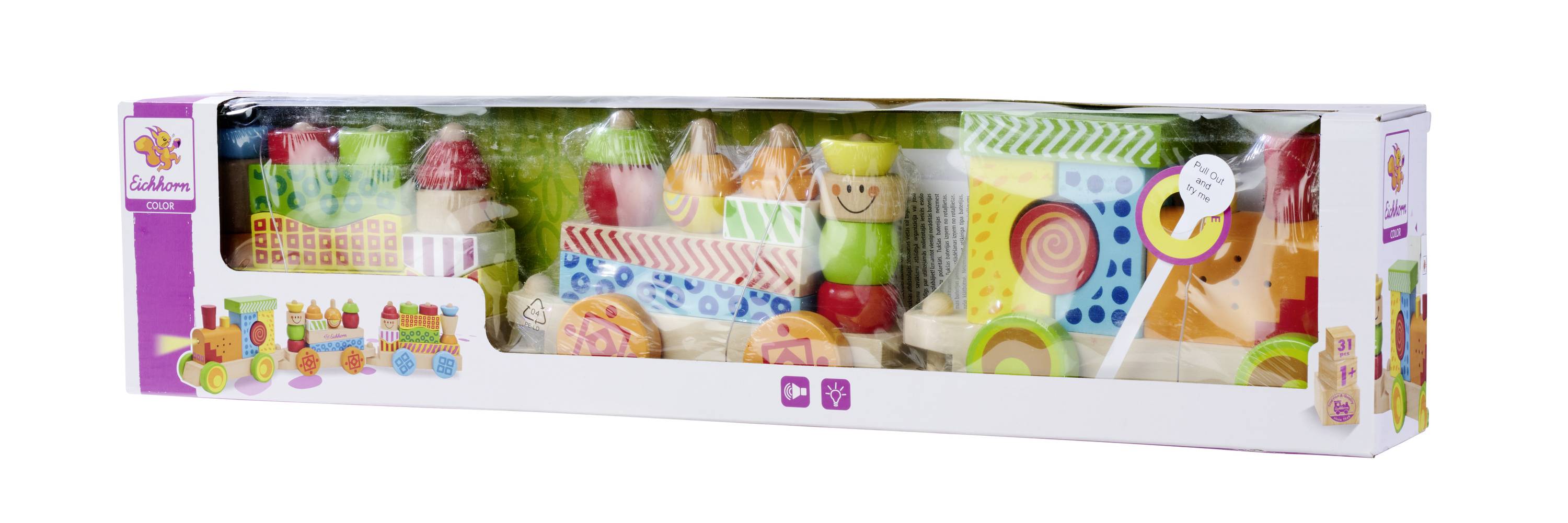 Eine bunte Holzspielzeug-Dampflok mit verschiedenen geometrischen Bausteinen, in einer durchsichtigen Verpackung dargestellt.