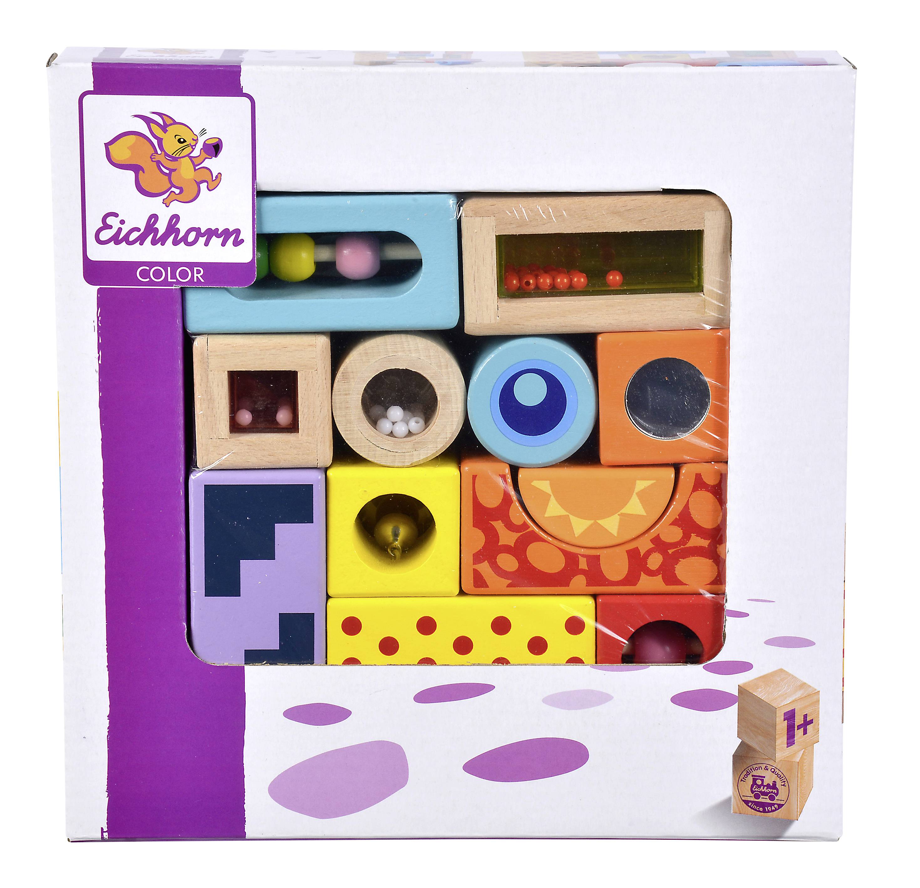 Buntes Holzspielzeug-Set für Kinder ab 1 Jahr in einer Verpackung. Verschiedene Formen und Farben fördern die motorische Entwicklung.