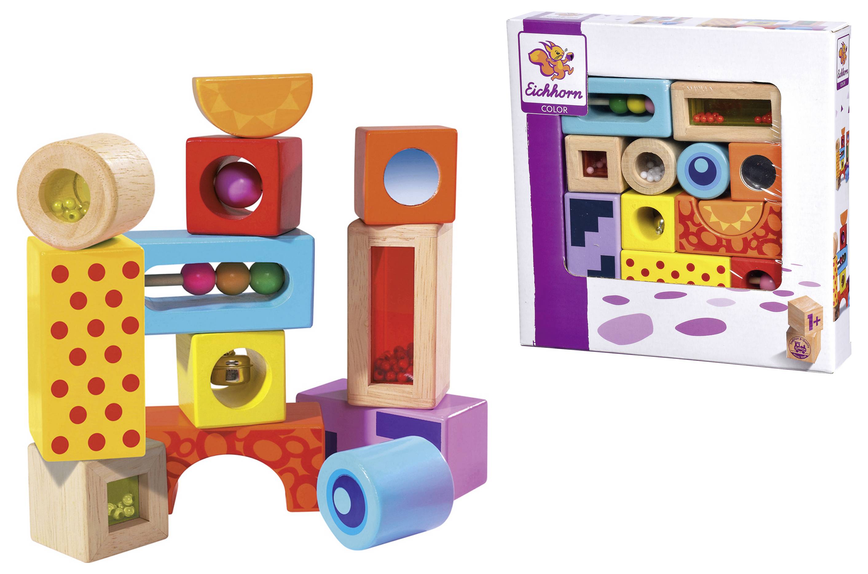 Bunte Holzbausteine in verschiedenen Formen und Farben, gestapelt neben der Verpackung. Pädagogisches Spielzeug für Kinder.