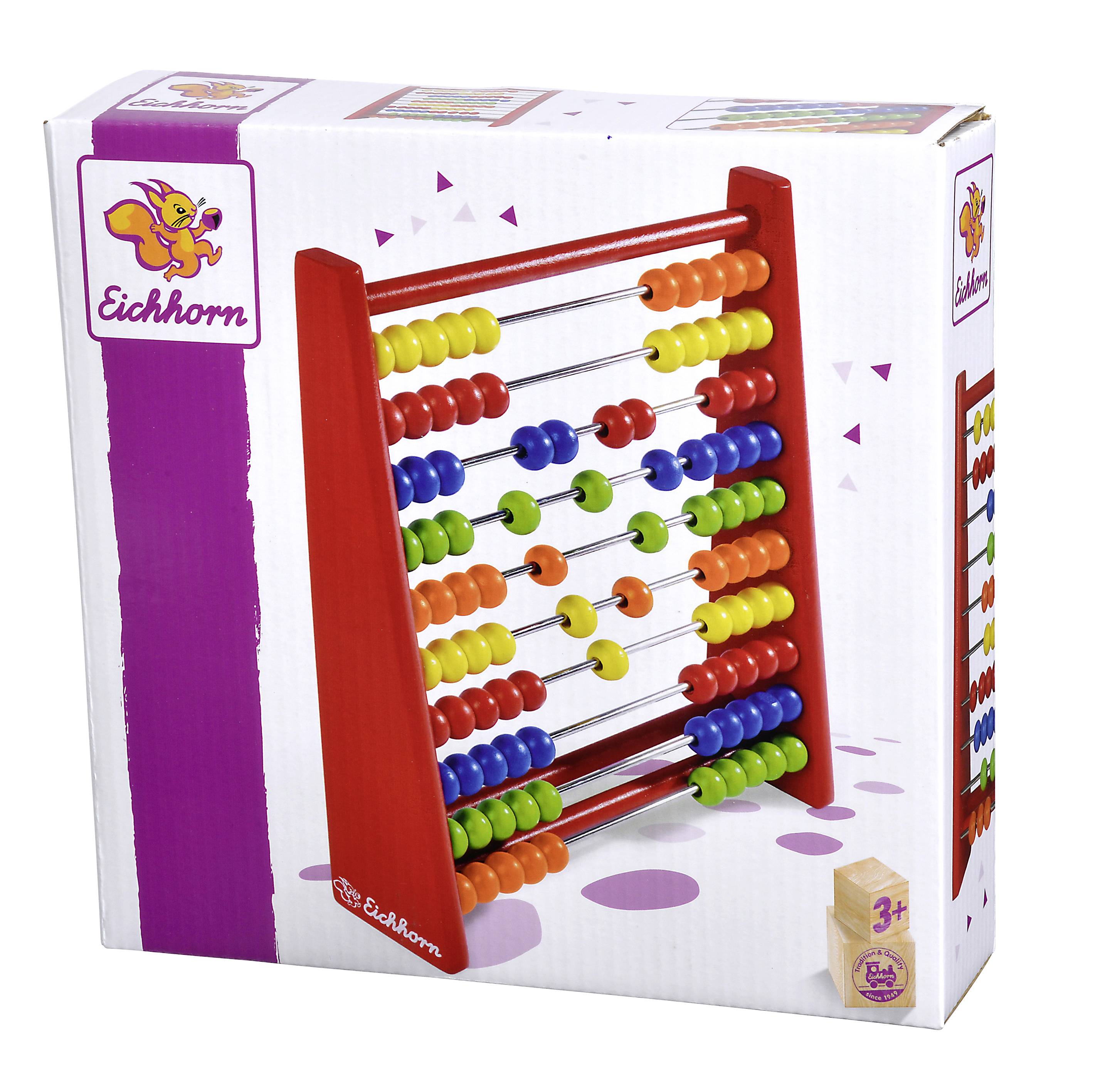 Ein bunter Holzrechenrahmen mit zehn Reihen farbiger Perlen in einer Schachtel. Geeignet für Kinder ab 3 Jahren.