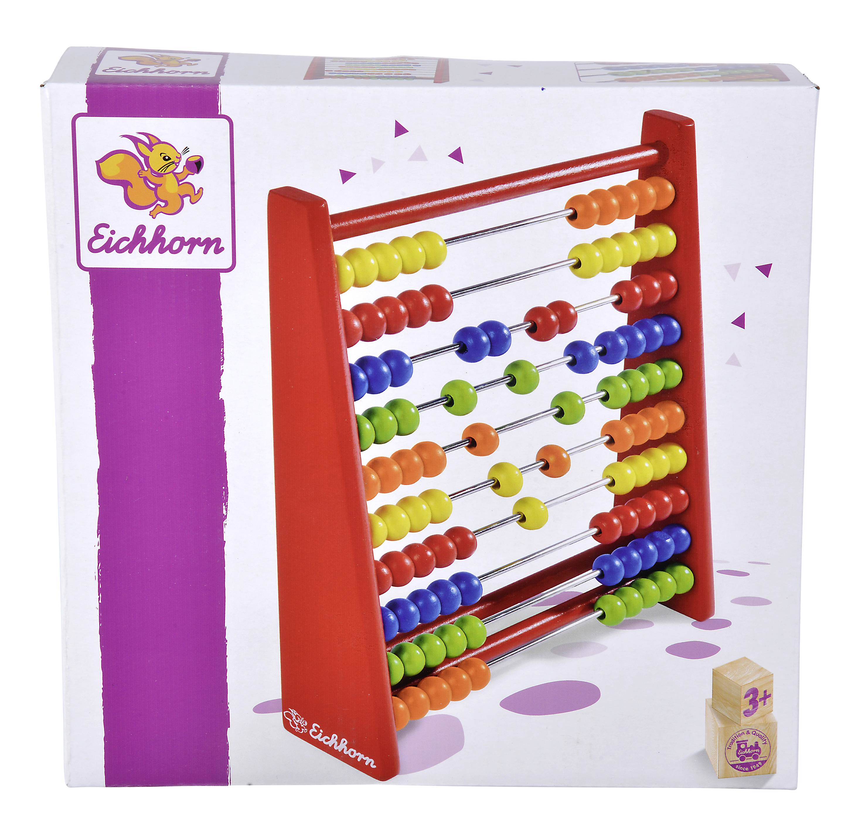 Bunte Abakus-Rechenschieber, abgebildet in einer Verpackung mit Eichhörnchen-Logo, empfohlen für Kinder ab 3 Jahren.