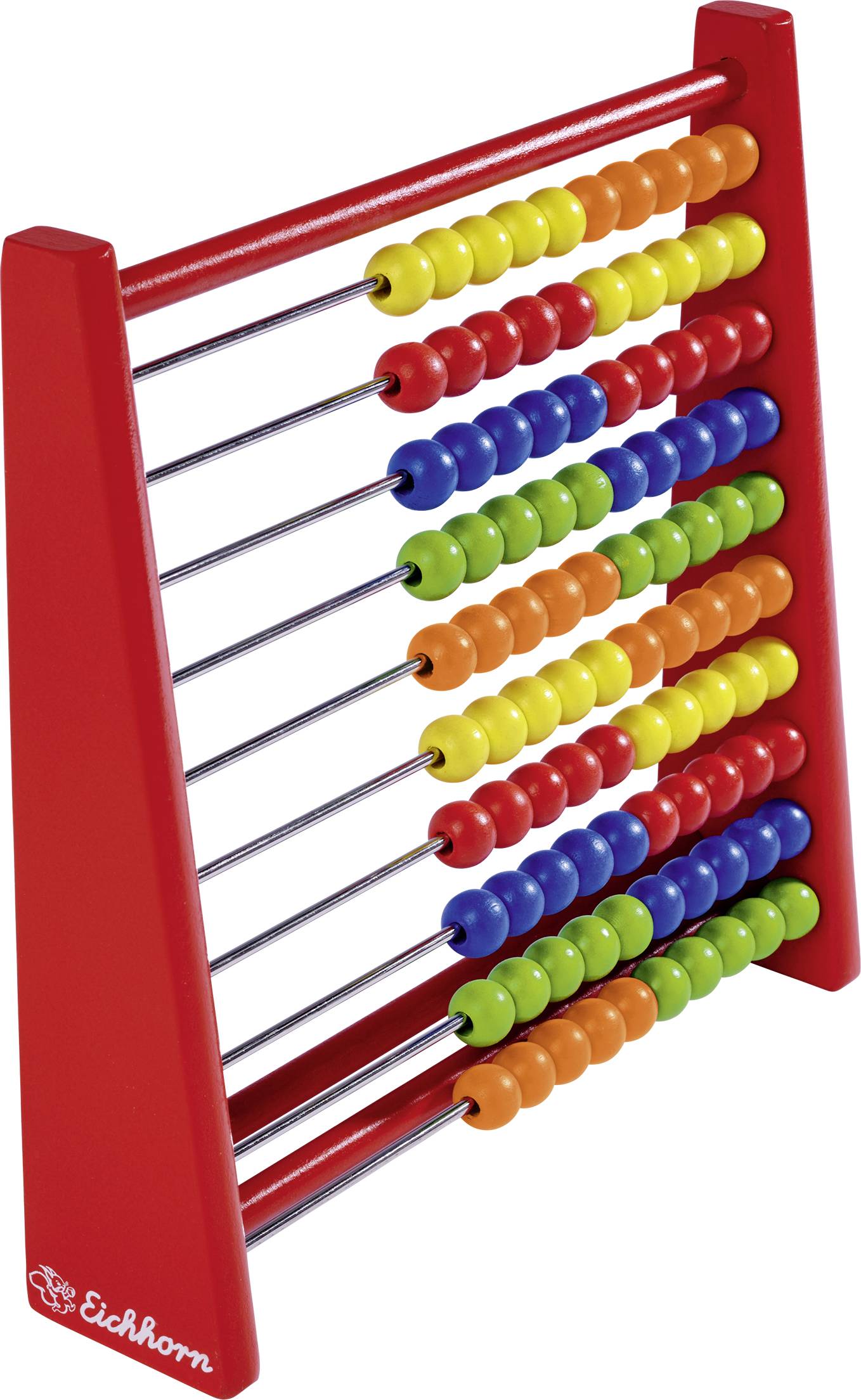 Ein bunter Abakus mit roten Seitenrahmen und zehn Reihen farbiger Perlen auf metallischen Stäben, zur visuellen Zählhilfe.