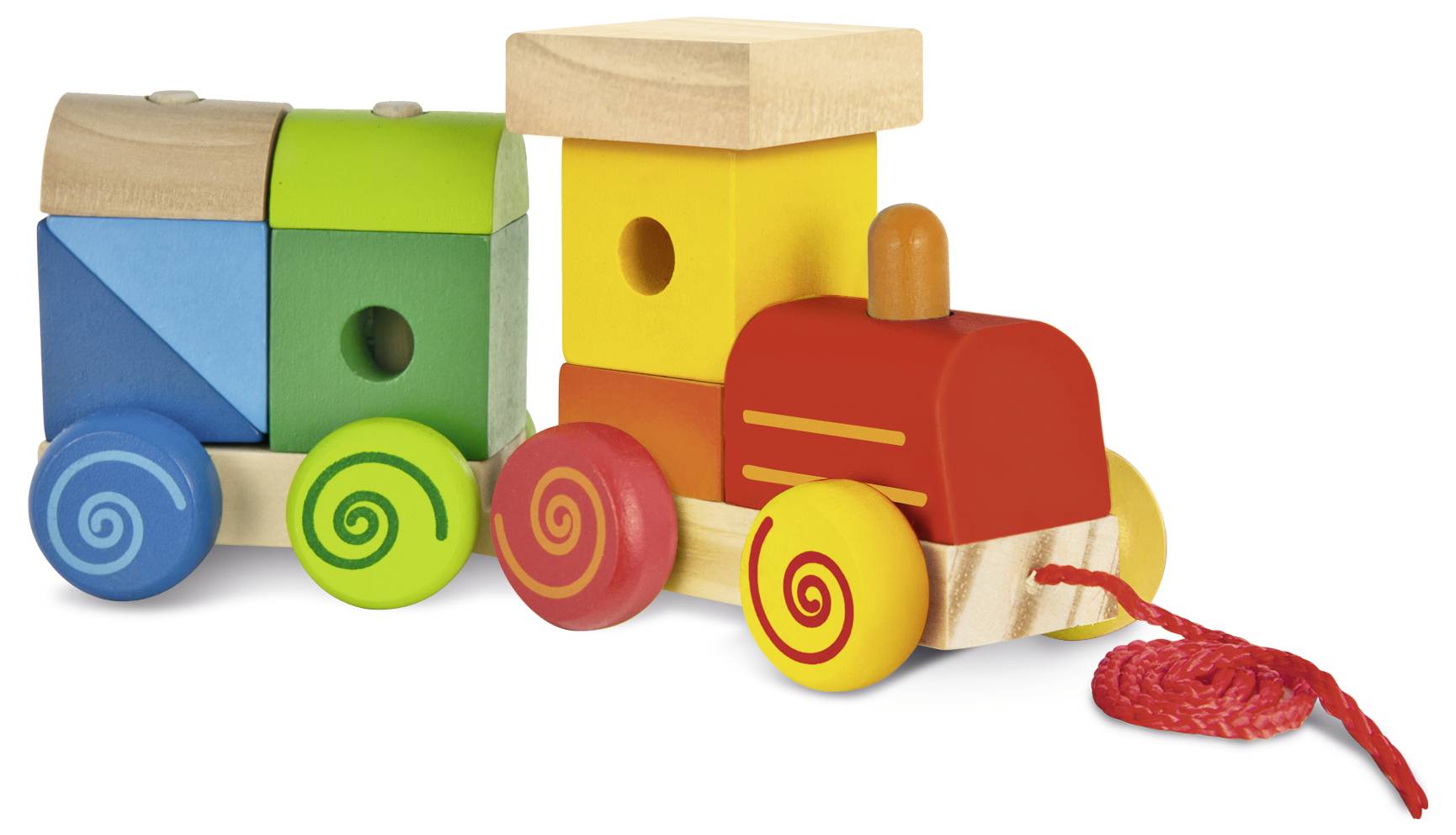 Holzspielzeugzug mit bunten Bausteinen und Rädern. Vorne eine rote Schnur zum Ziehen. Der Zug besteht aus Würfeln und Zylindern.