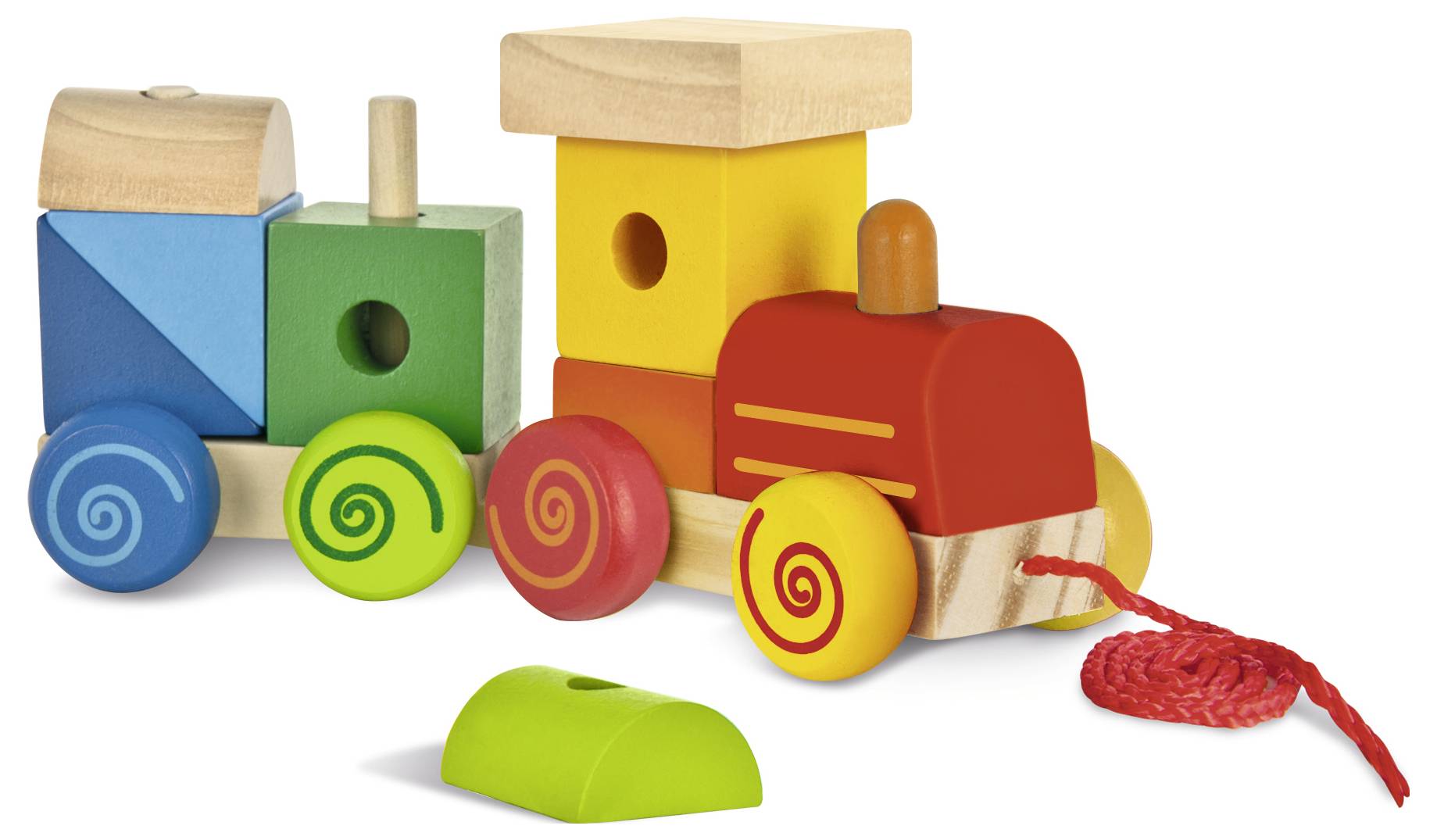Spielzeug-Holzeisenbahn mit bunten, stapelbaren Blöcken und einer roten Schnur, geeignet für kreatives Kinderspiel.