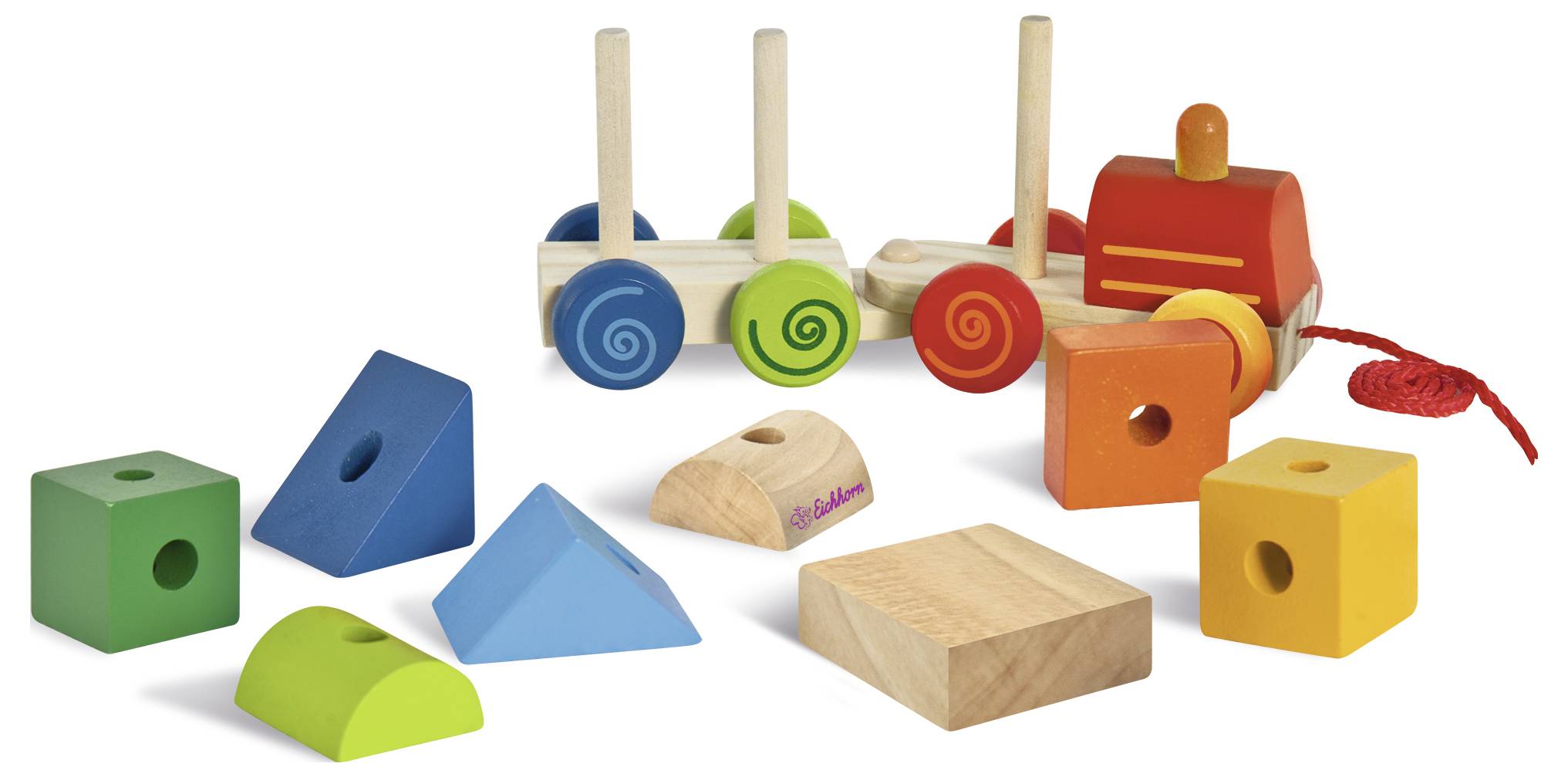 Ein Spielzeugzug mit bunten Formen, die auf Holzstäbe gesteckt werden können. Formen umfassen Würfel, Pyramiden und runde Blöcke.