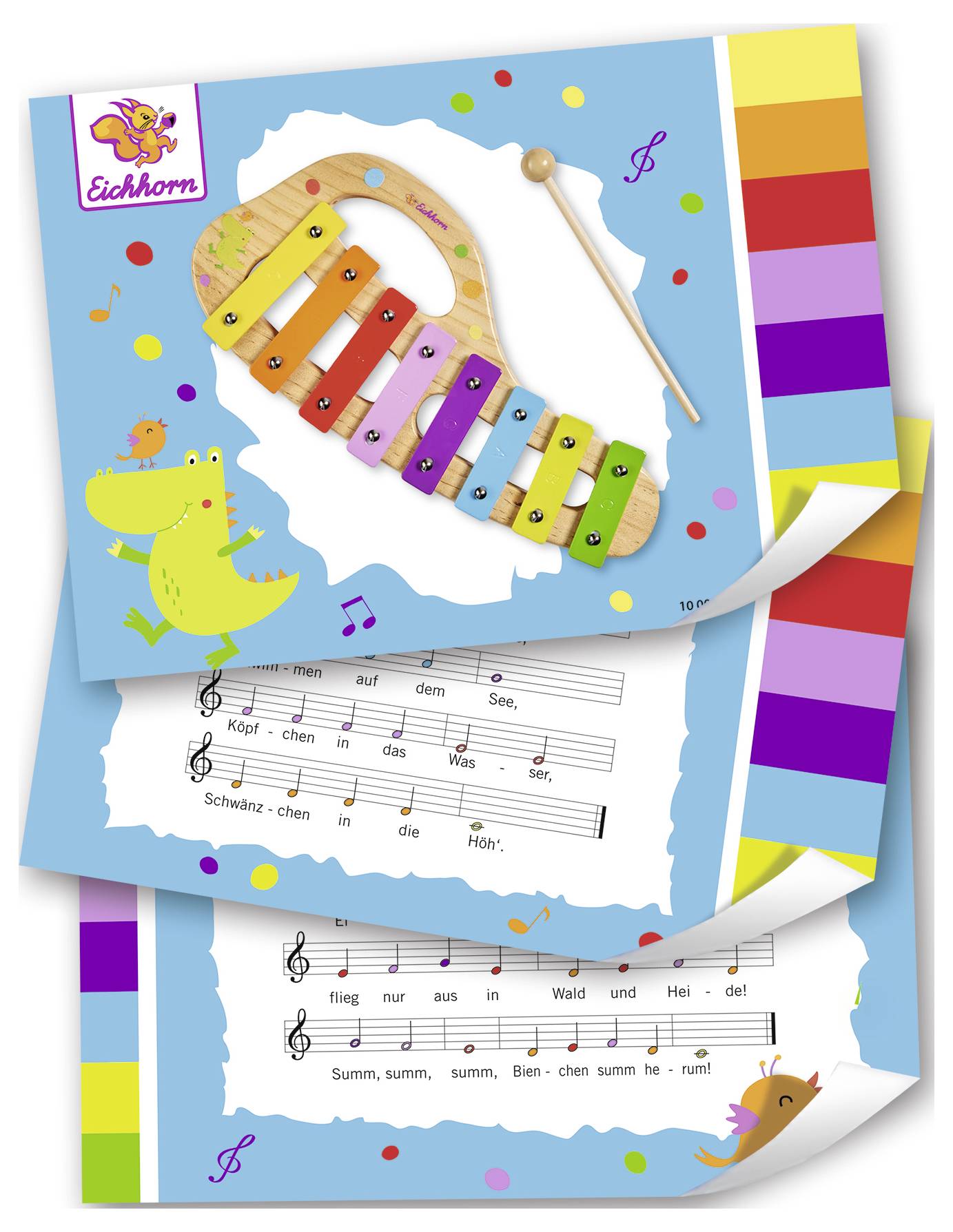 Eine bunte, hölzerne Xylophonspielzeugabbildung mit Notenblatt und singender Krokodils-Illustration auf einem bunten Hintergrund.