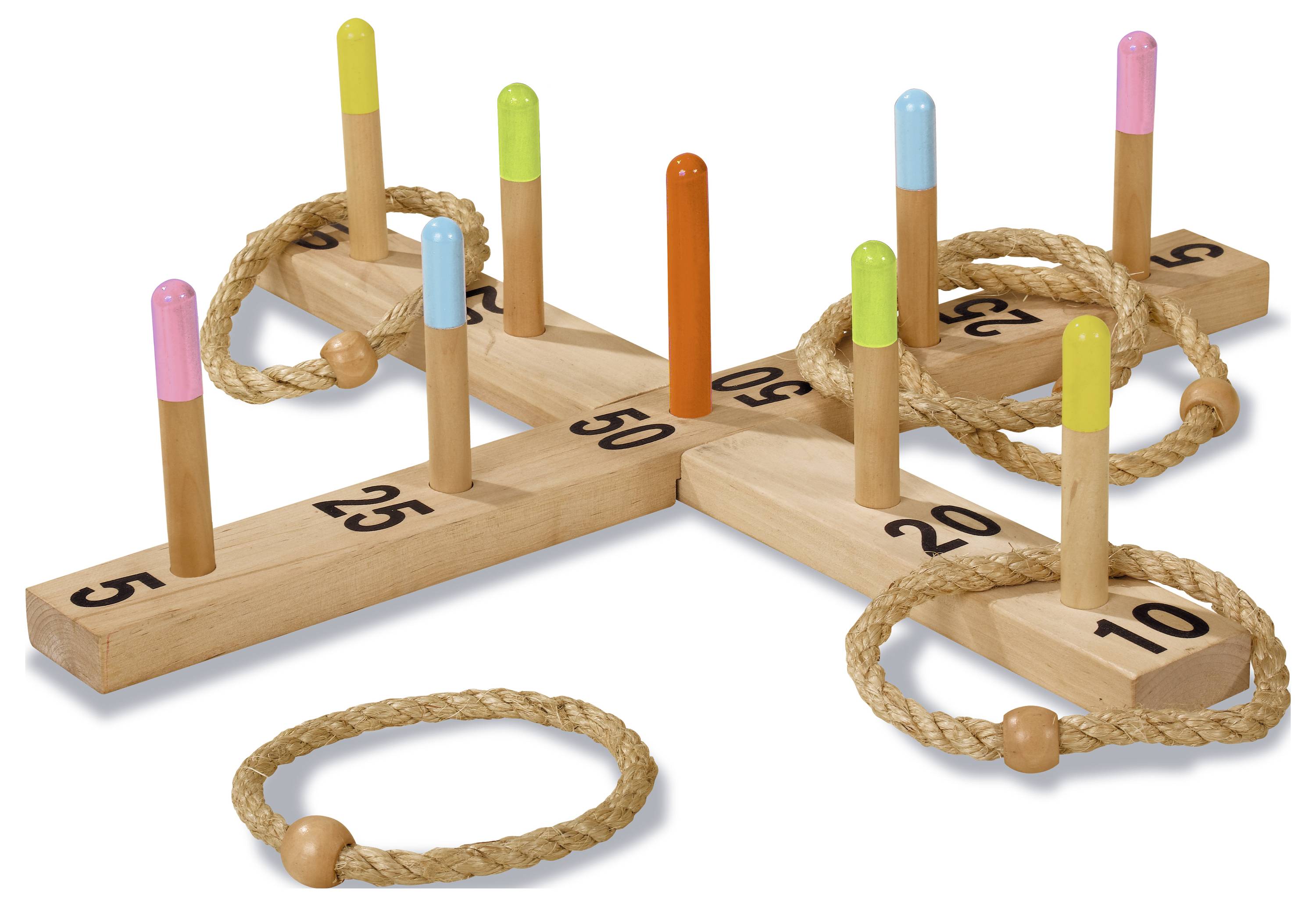 Ein Wurfspiel mit Holzbasis und nummerierten Stäben. Seilringe werden über die Stäbe geworfen. Punkte von 5 bis 50.