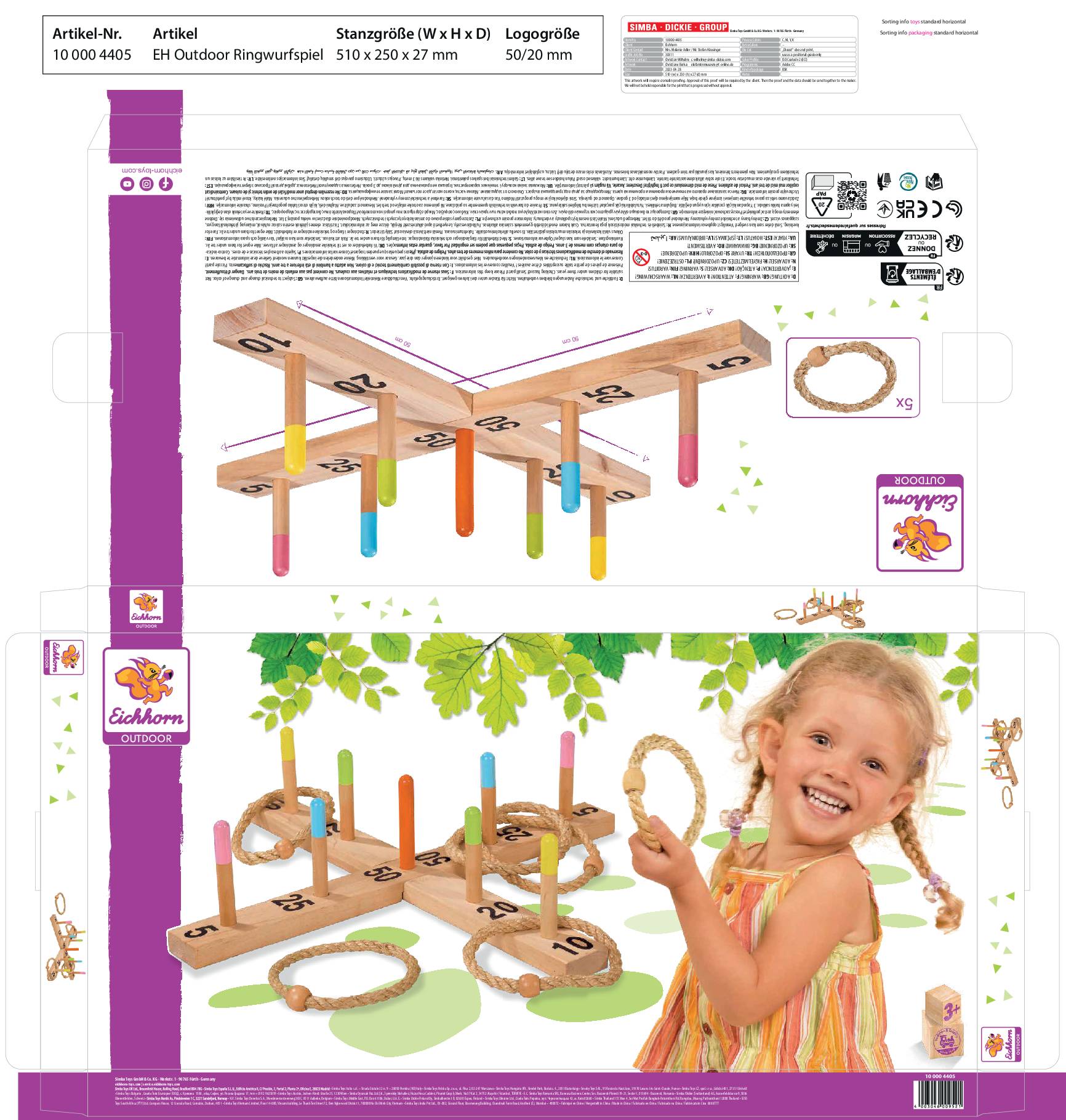 Eine bunte Verpackungsvorlage für ein Outdoor-Ringwurfspiel. Enthält Illustrationen eines Spielgeräts und spielender Kinder.