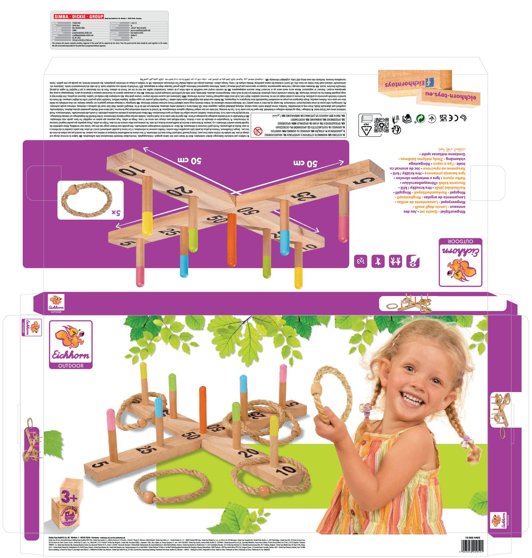 Umriss einer Verpackung mit Illustrationen eines Kindes, das mit Bauklötzen spielt und verschiedene Symbole und Text zeigt.