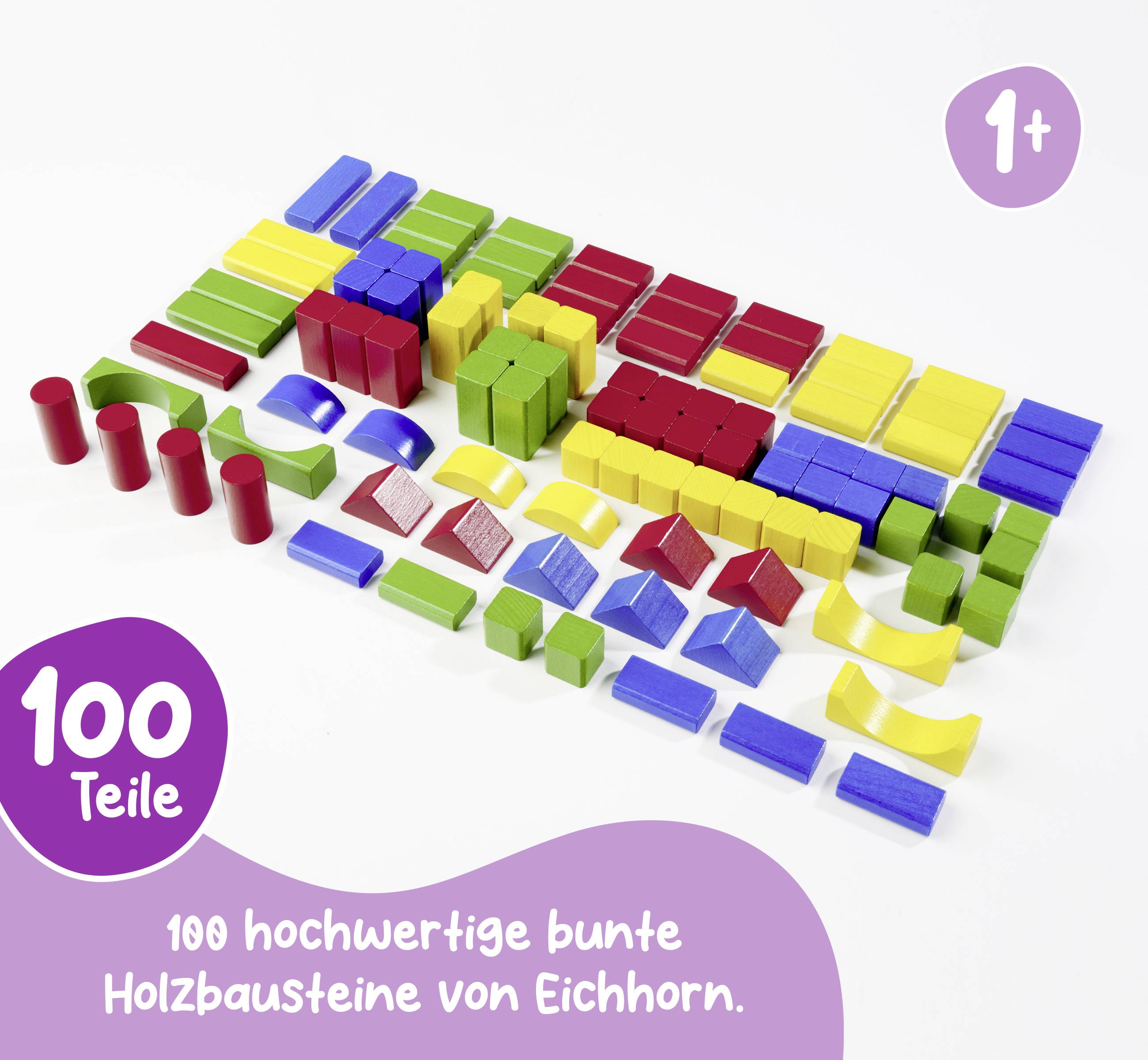'100 Teile' bunte Holzbausteine-Set von Eichhorn, ab 1 Jahr, mit Zylindern, Würfeln und Brückenformen in verschiedenen Farben.