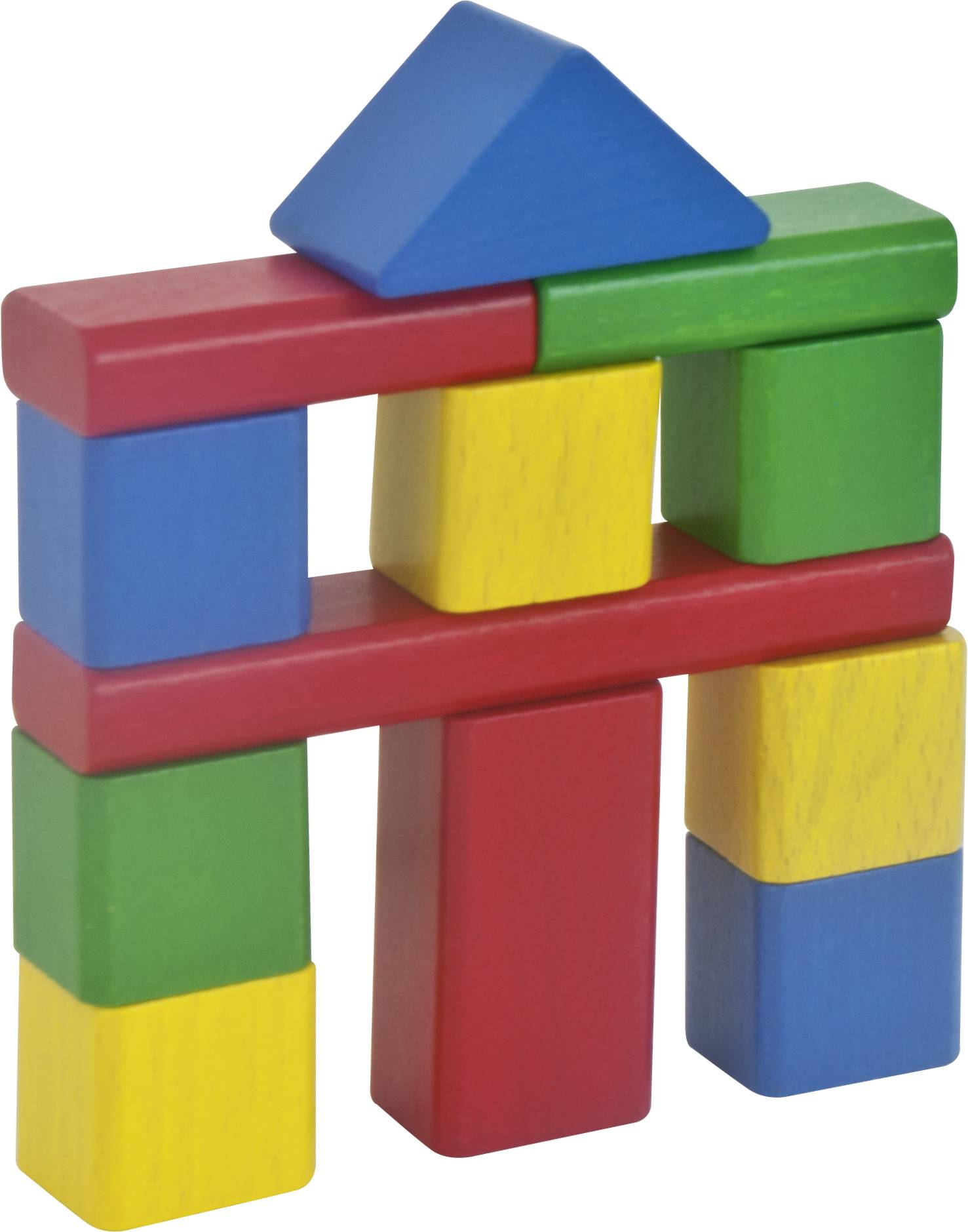 Ein Turm aus bunten Holzklötzen, bestehend aus verschiedenen geometrischen Formen wie Würfeln und Pyramiden.