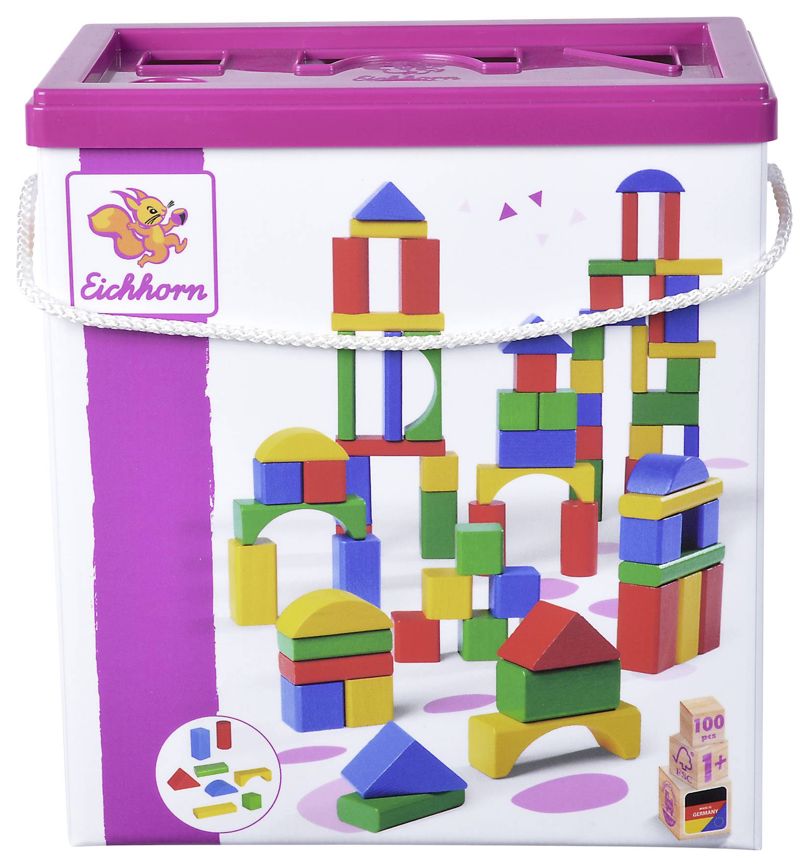 Eine Box mit bunten Bauklötzen aus Holz, geeignet für Kinder ab 1 Jahr. Verschiedene Formen und Farben sind enthalten.